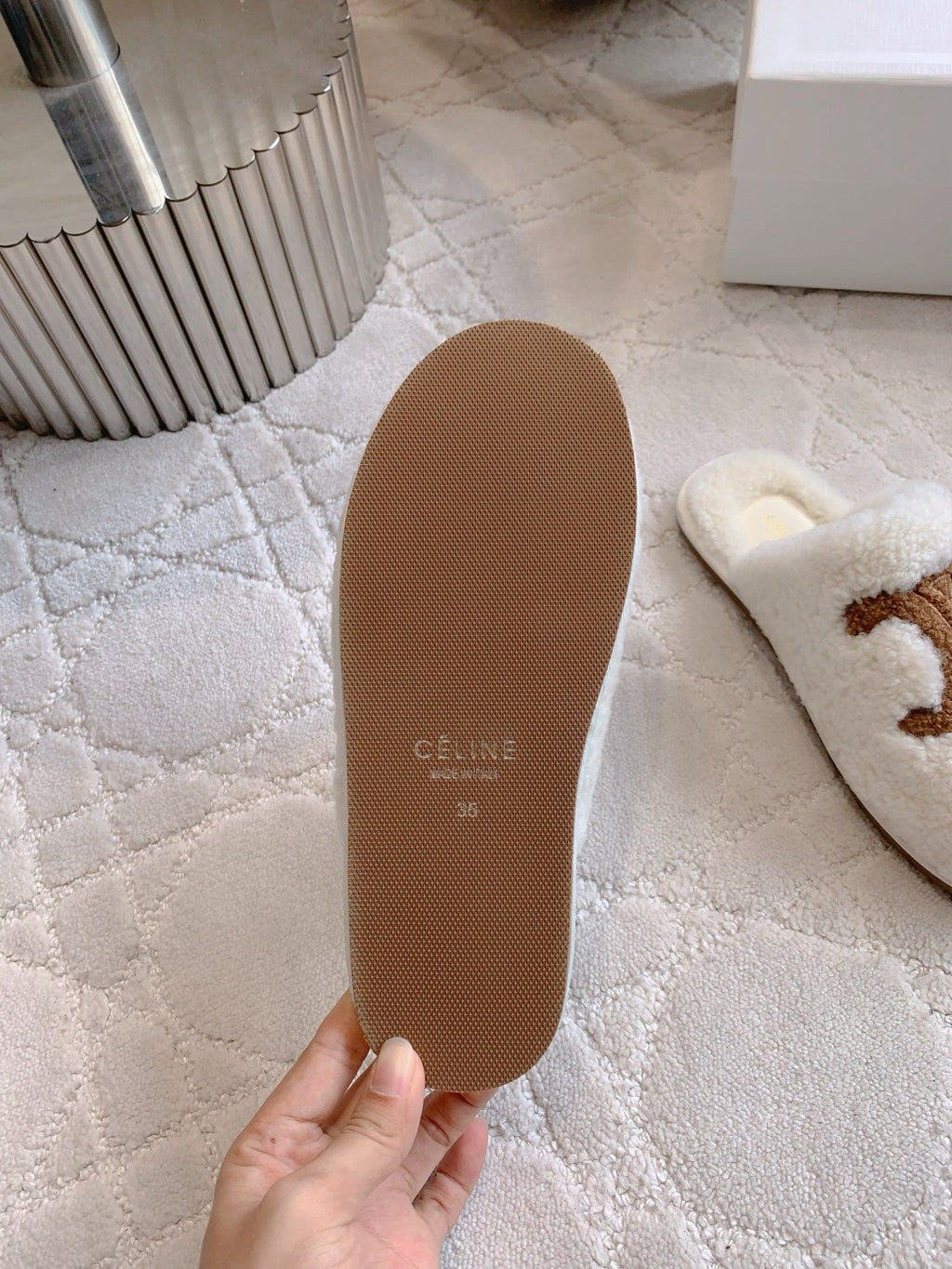 CELINE 26S MULES WITH LOGO IN WHITE AND BROWN WOOL