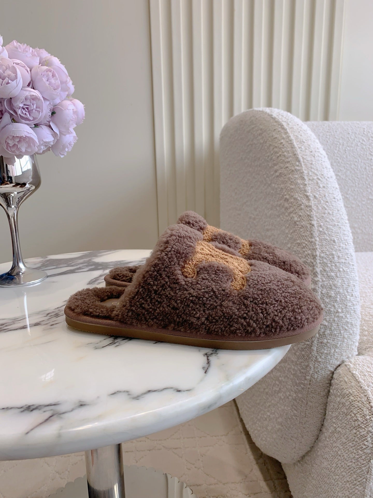 CELINE 26S MULES WITH LOGO IN DARK BROWN WOOL