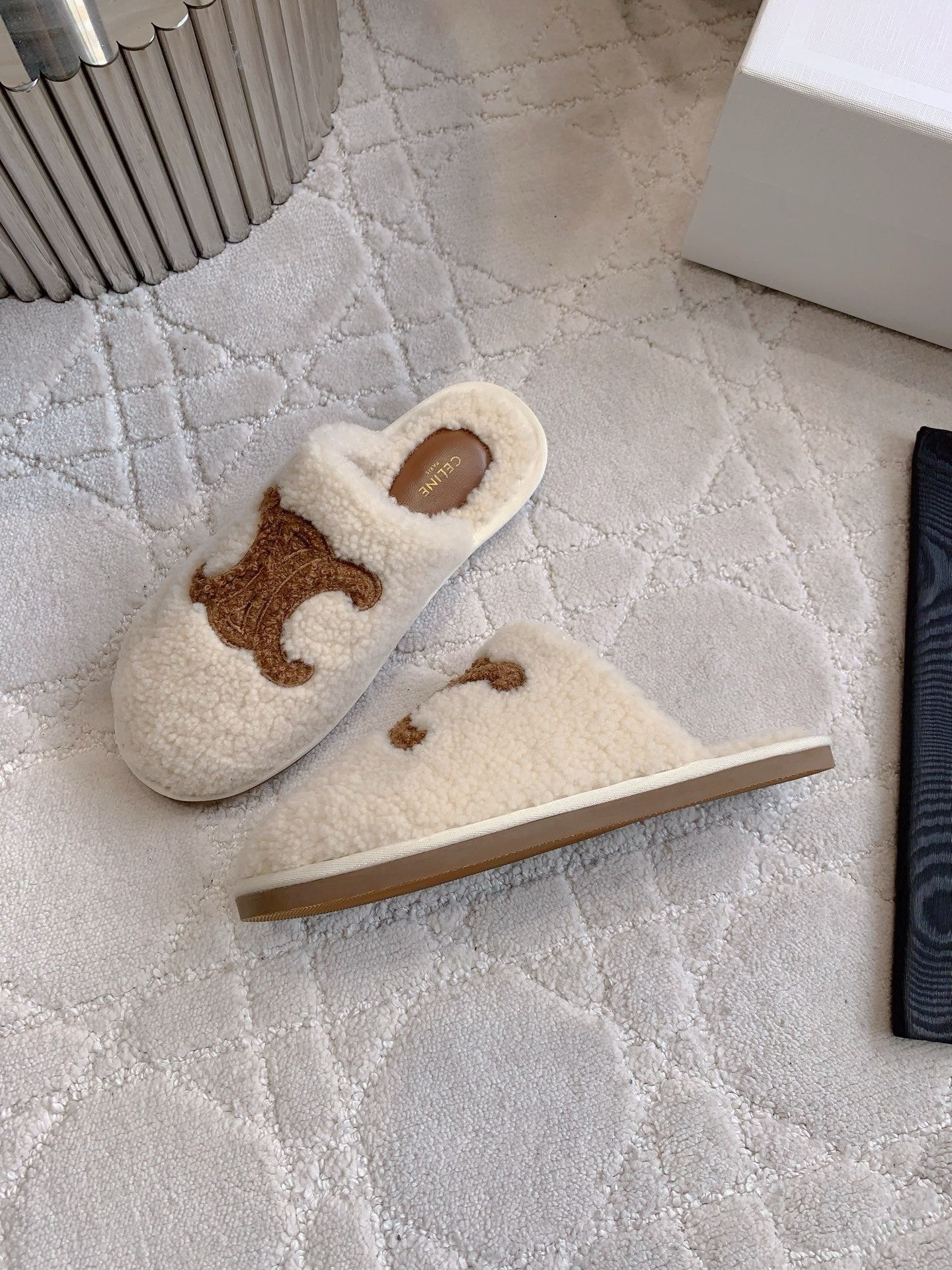 CELINE 26S MULES WITH LOGO IN LIGHT BEIGE AND BROWN WOOL
