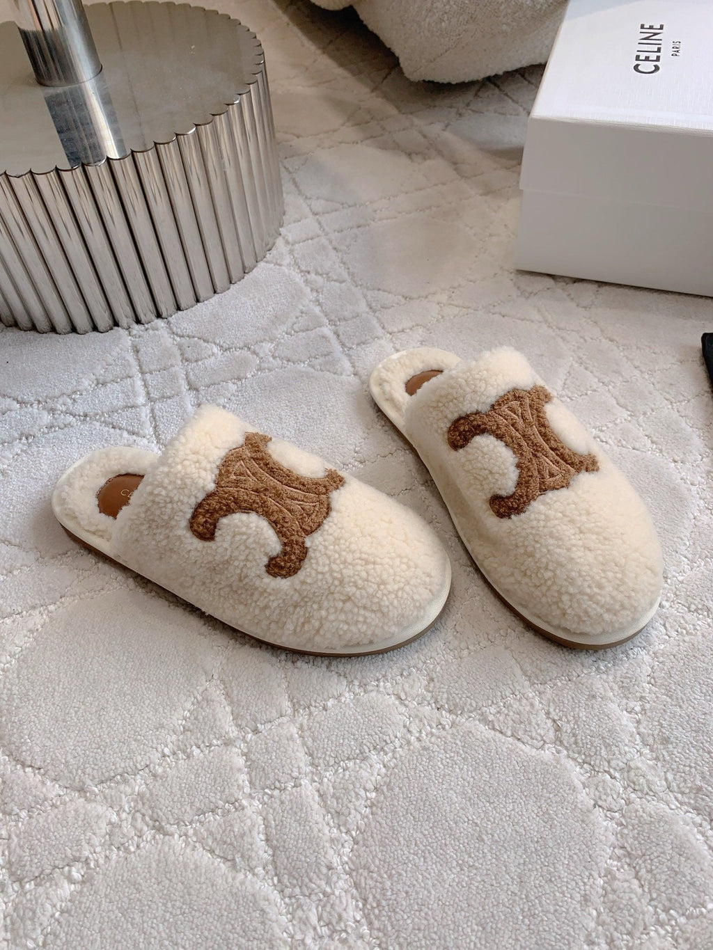 CELINE 26S MULES WITH LOGO IN LIGHT BEIGE AND BROWN WOOL