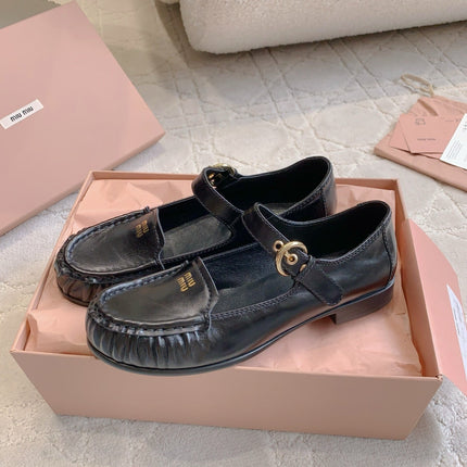 MIUMIU 26S LOAFERS IN BLACK CALFSKIN WITH STRAP