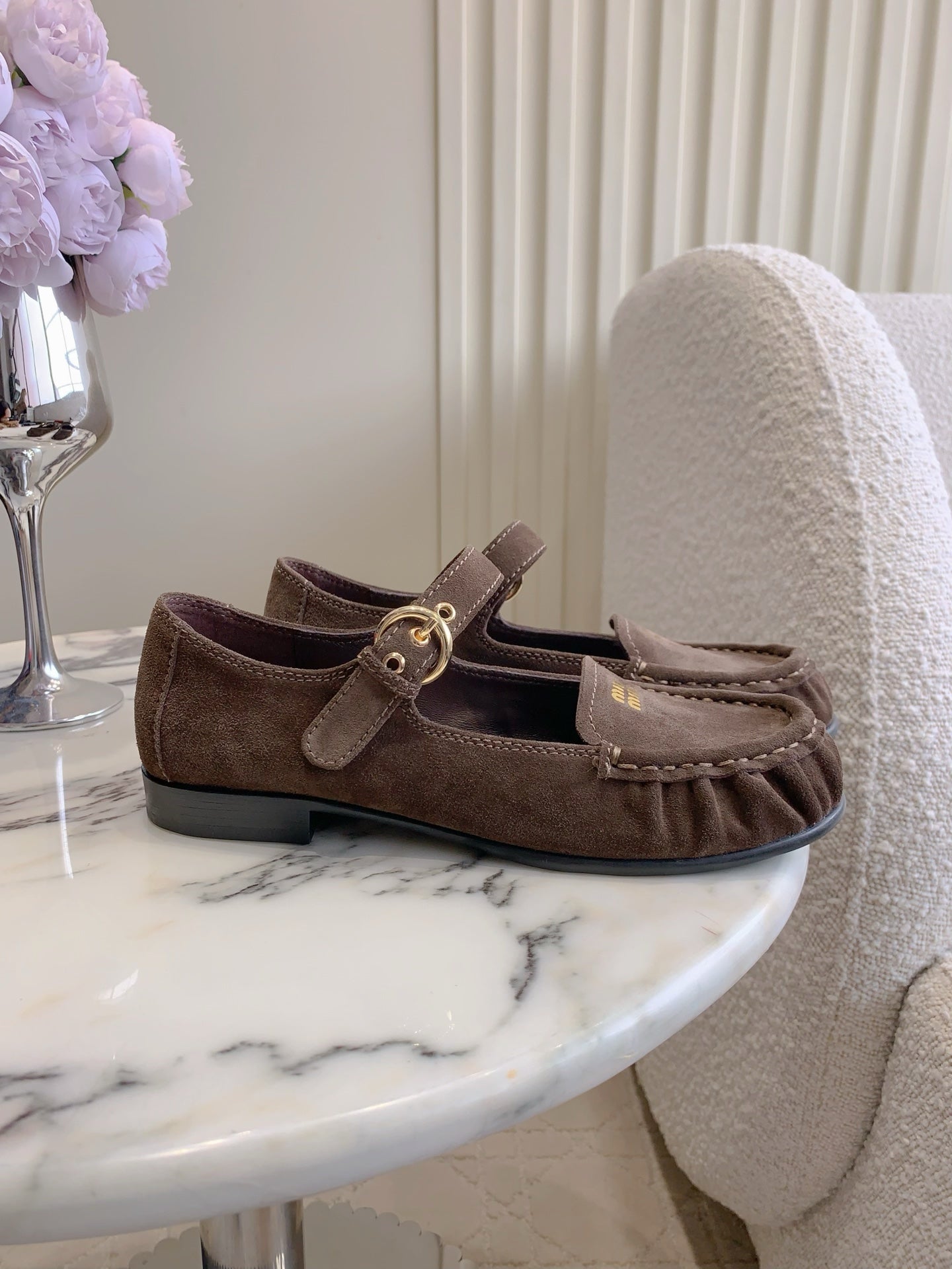 MIUMIU 26S LOAFERS IN BROWN SUEDE WITH STRAP