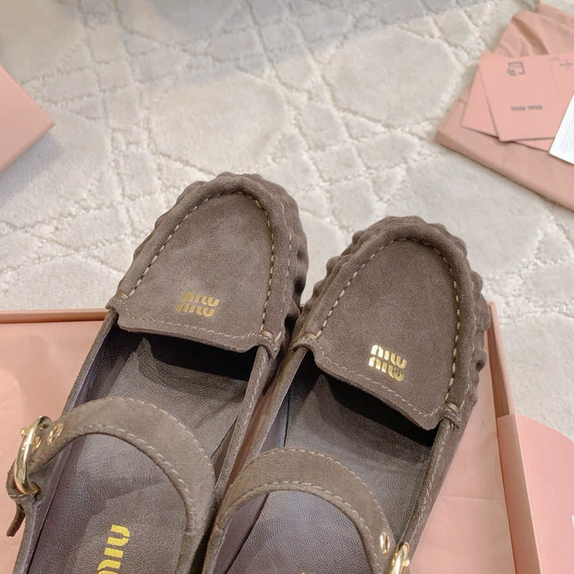 MIUMIU 26S LOAFERS IN BROWN SUEDE WITH STRAP