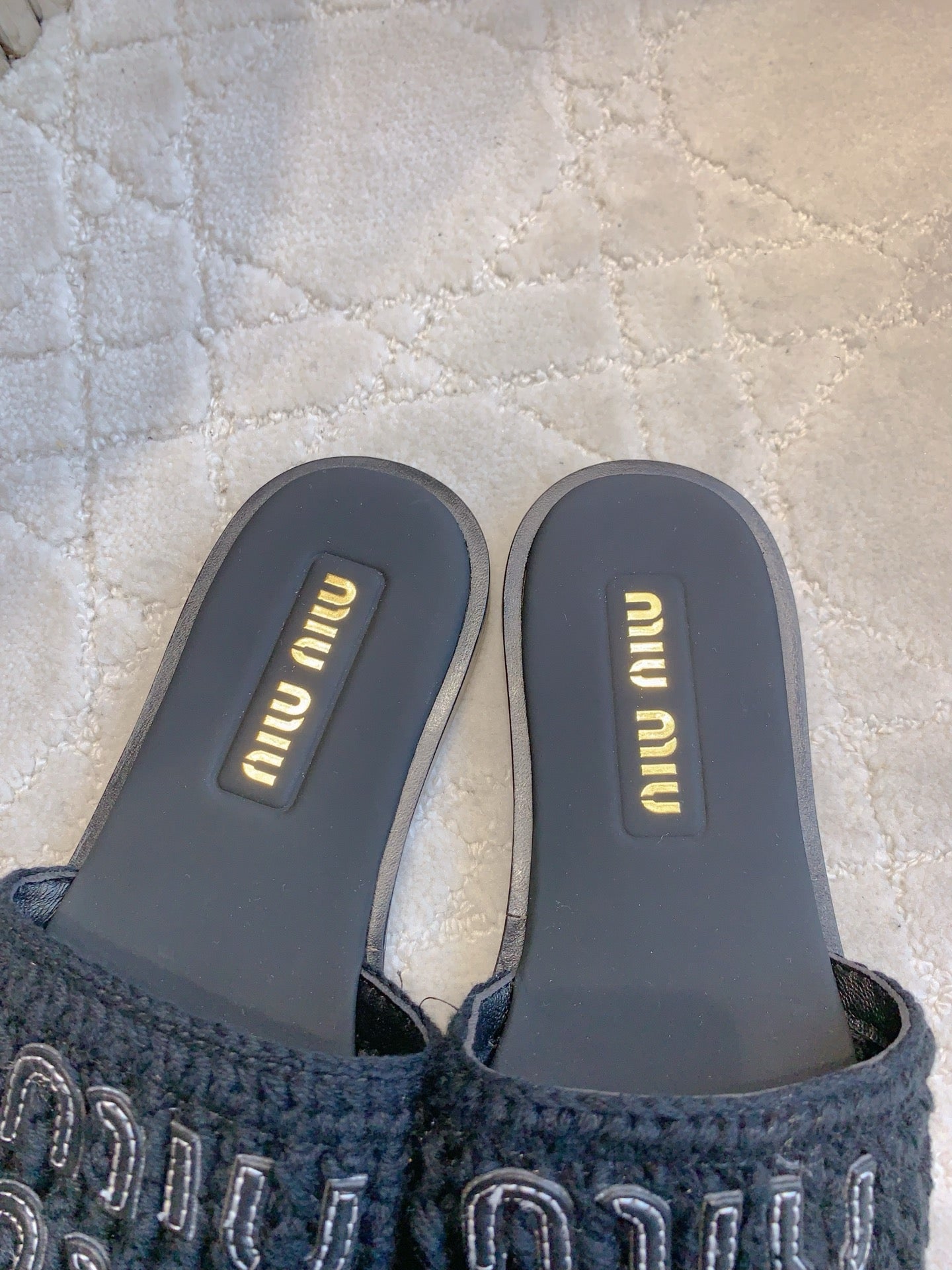 MIUMIU 26S SLIDE SANDALS IN BLACK CALFSKIN AND WOOL