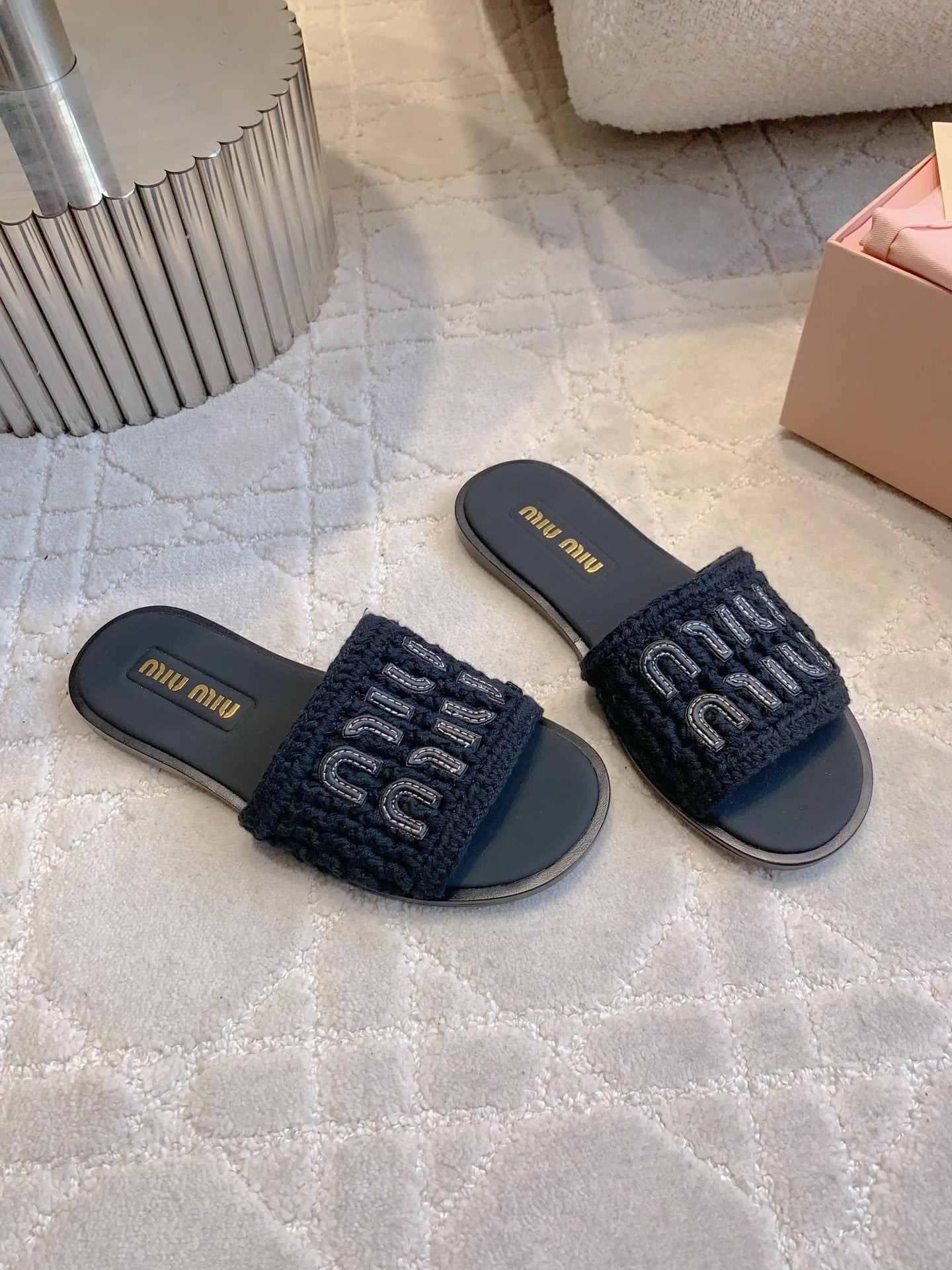 MIUMIU 26S SLIDE SANDALS IN BLACK CALFSKIN AND WOOL