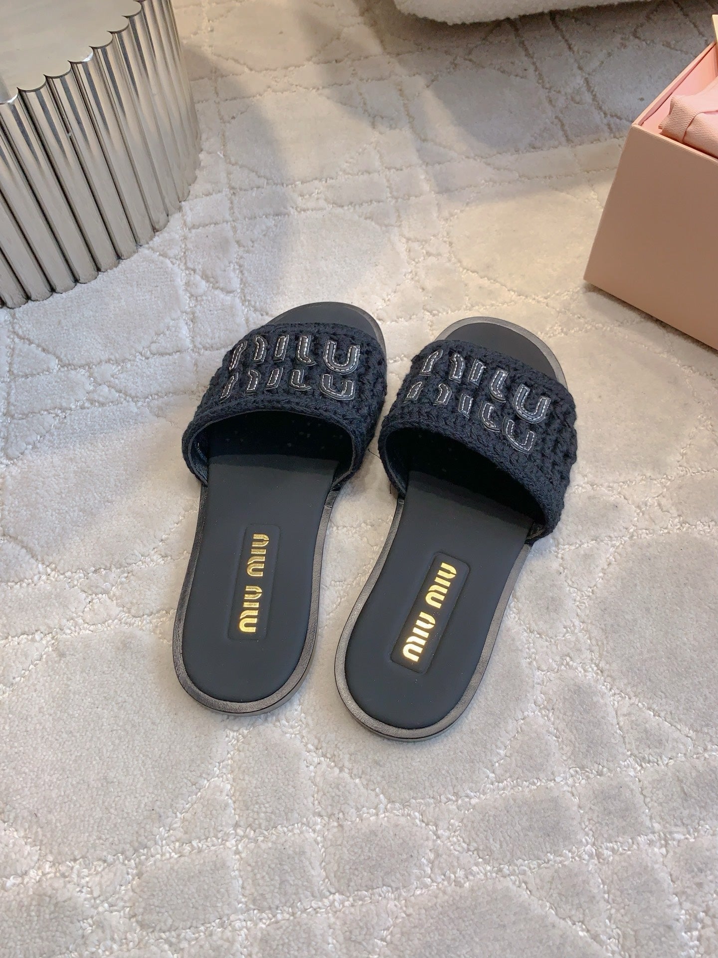 MIUMIU 26S SLIDE SANDALS IN BLACK CALFSKIN AND WOOL