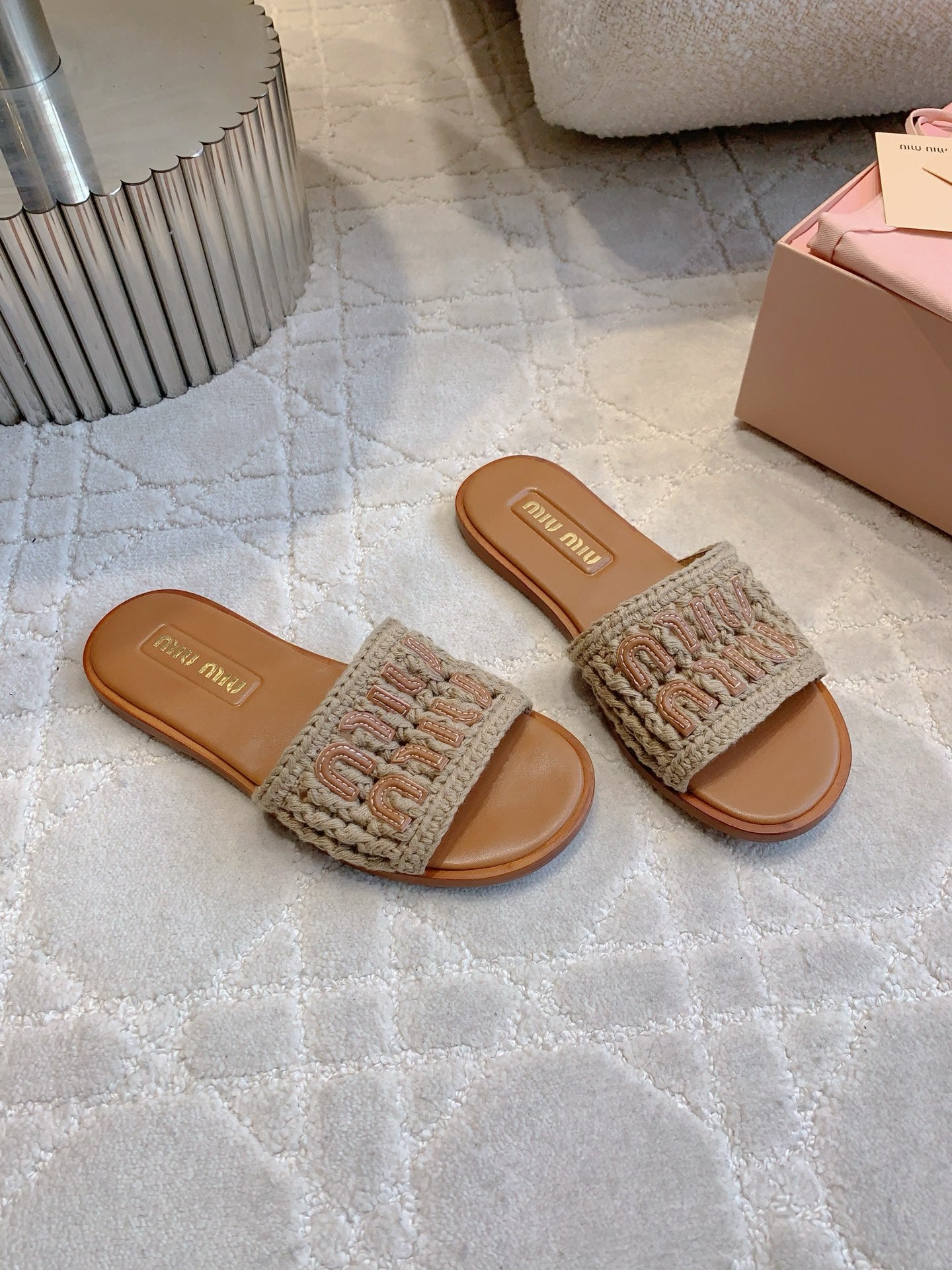 MIUMIU 26S SLIDE SANDALS IN LIGHT BROWN CALFSKIN AND WOOL