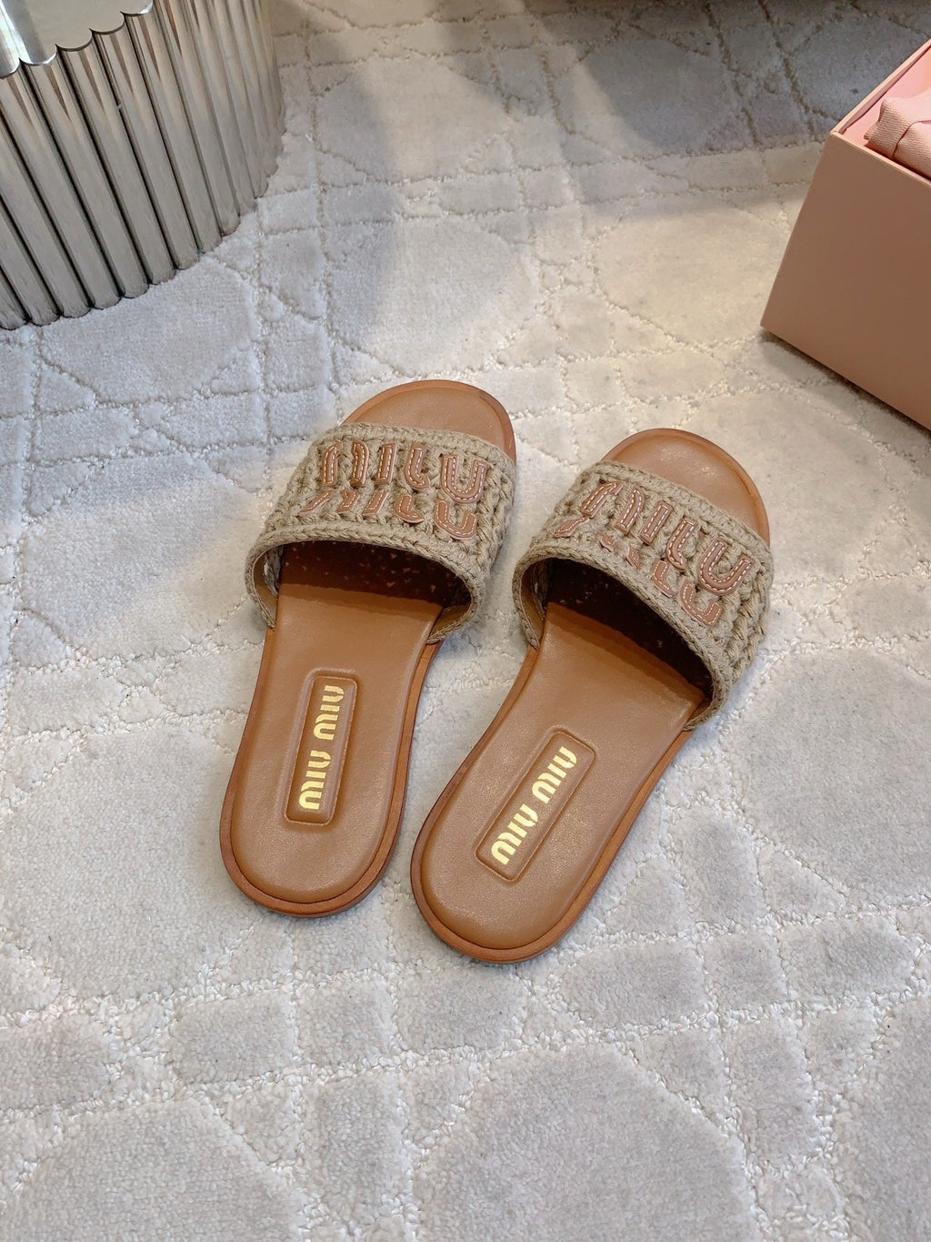 MIUMIU 26S SLIDE SANDALS IN LIGHT BROWN CALFSKIN AND WOOL