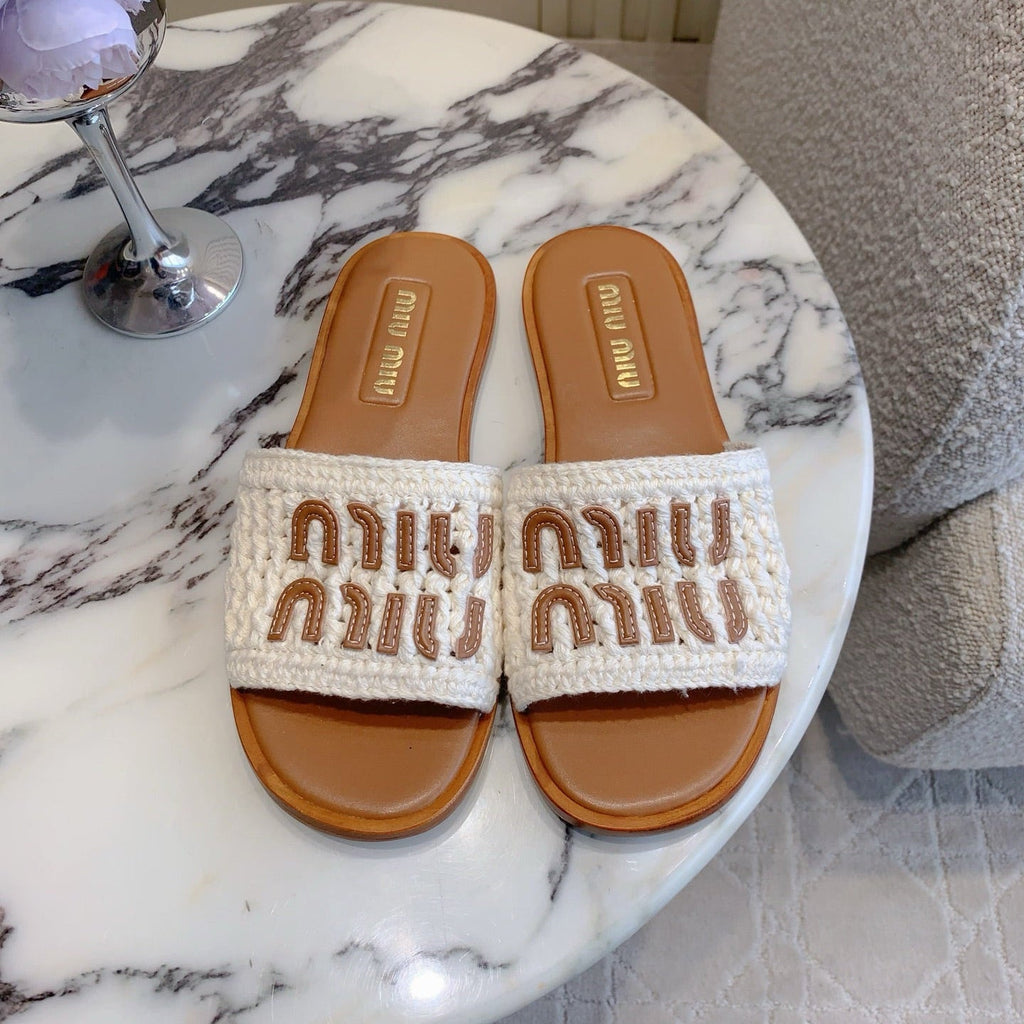 MIUMIU 26S SLIDE SANDALS IN WHITE CALFSKIN AND WOOL