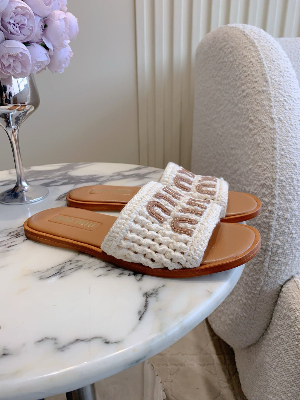 MIUMIU 26S SLIDE SANDALS IN WHITE CALFSKIN AND WOOL