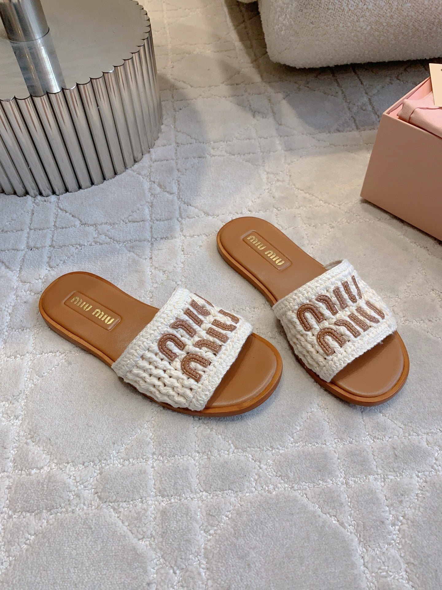 MIUMIU 26S SLIDE SANDALS IN WHITE CALFSKIN AND WOOL
