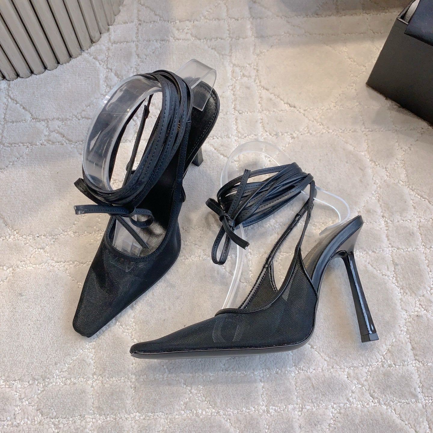 YSL 26S ANKLE-WRAP HEELED SLINGBACKS 90 MM IN BLACK MESH FABRIC