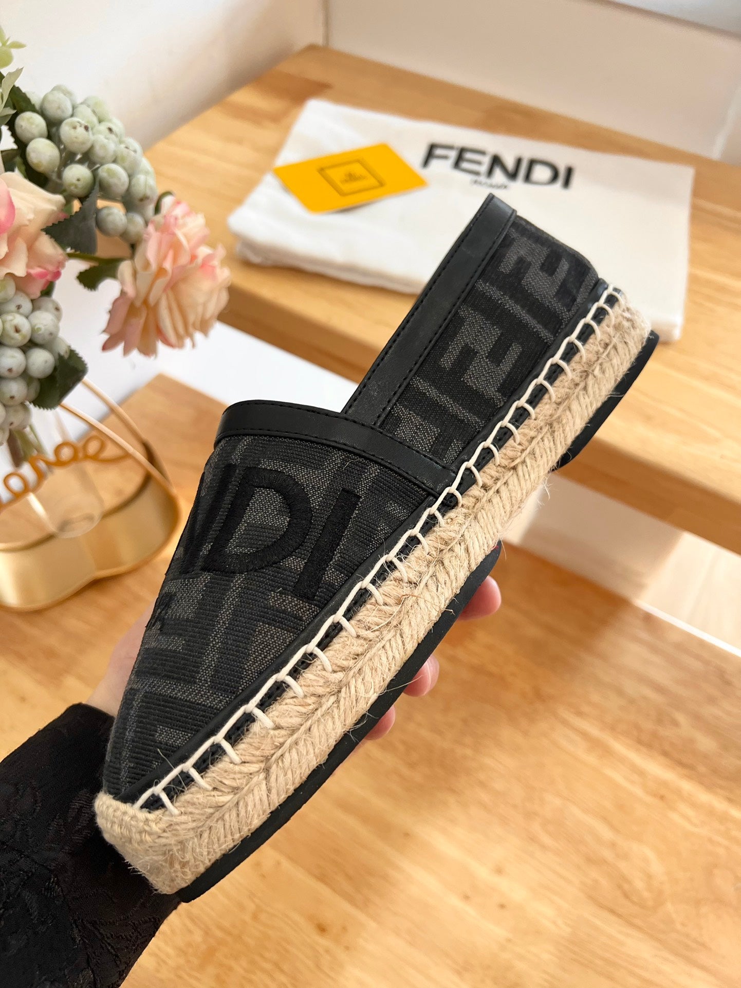 FENDI 26S ESPADRILLE LOAFERS IN BLACK CANVAS STYLE 3