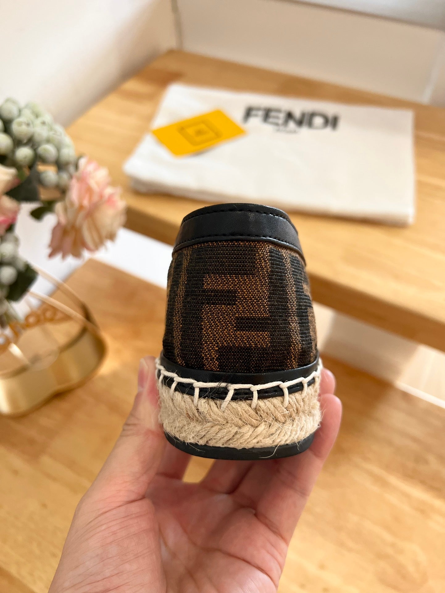 FENDI 26S ESPADRILLE LOAFERS IN DARK BROWN AND BLACK CANVAS STYLE 2