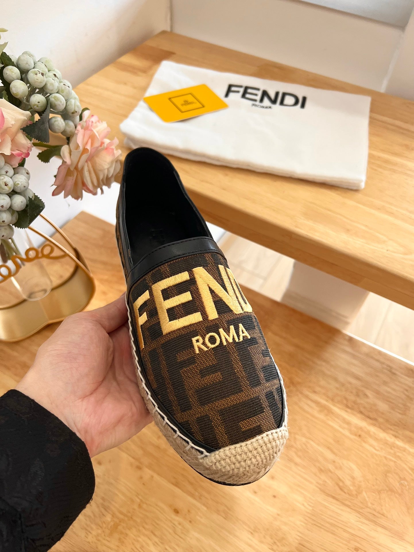 FENDI 26S ESPADRILLE LOAFERS IN DARK BROWN AND BLACK CANVAS STYLE 2