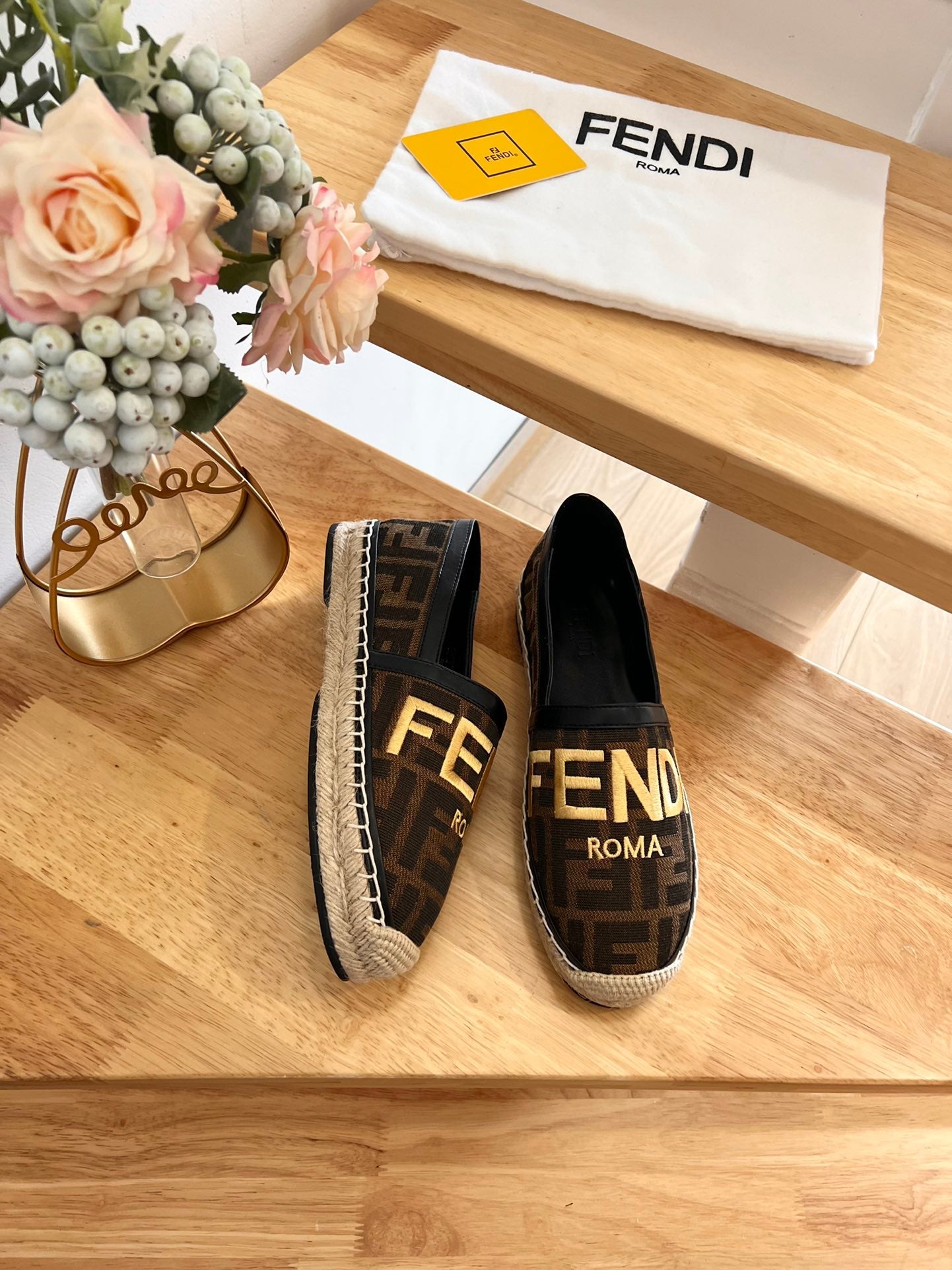 FENDI 26S ESPADRILLE LOAFERS IN DARK BROWN AND BLACK CANVAS STYLE 2