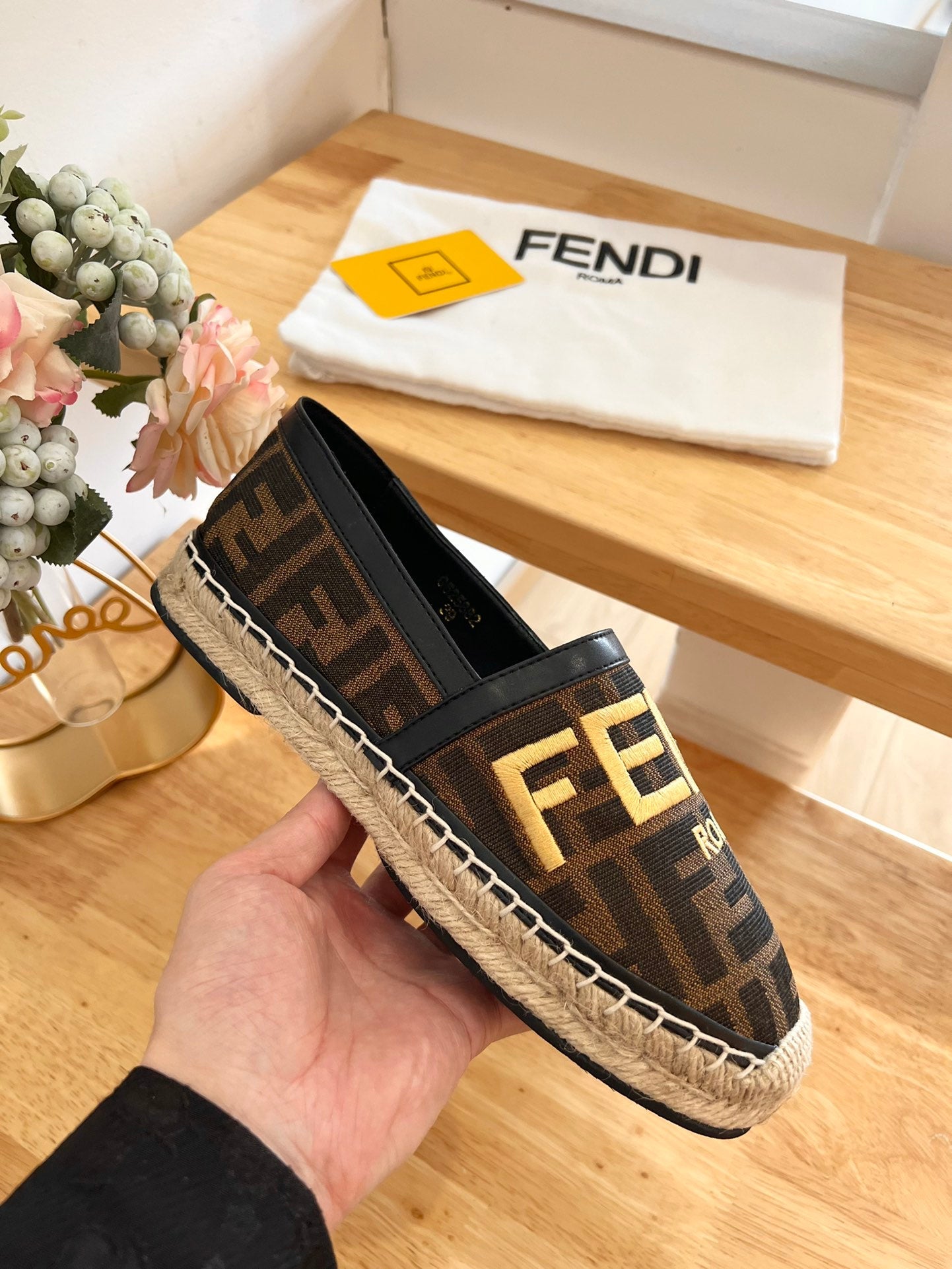 FENDI 26S ESPADRILLE LOAFERS IN DARK BROWN AND BLACK CANVAS STYLE 2