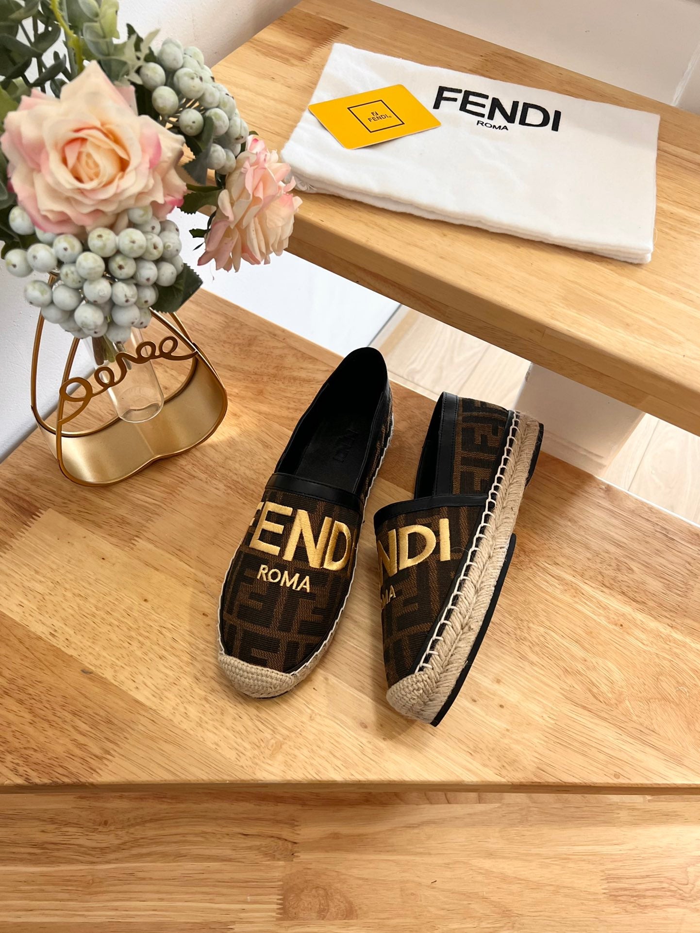 FENDI 26S ESPADRILLE LOAFERS IN DARK BROWN AND BLACK CANVAS STYLE 2