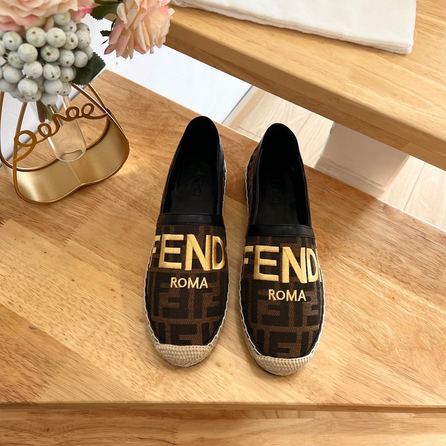FENDI 26S ESPADRILLE LOAFERS IN DARK BROWN AND BLACK CANVAS STYLE 2