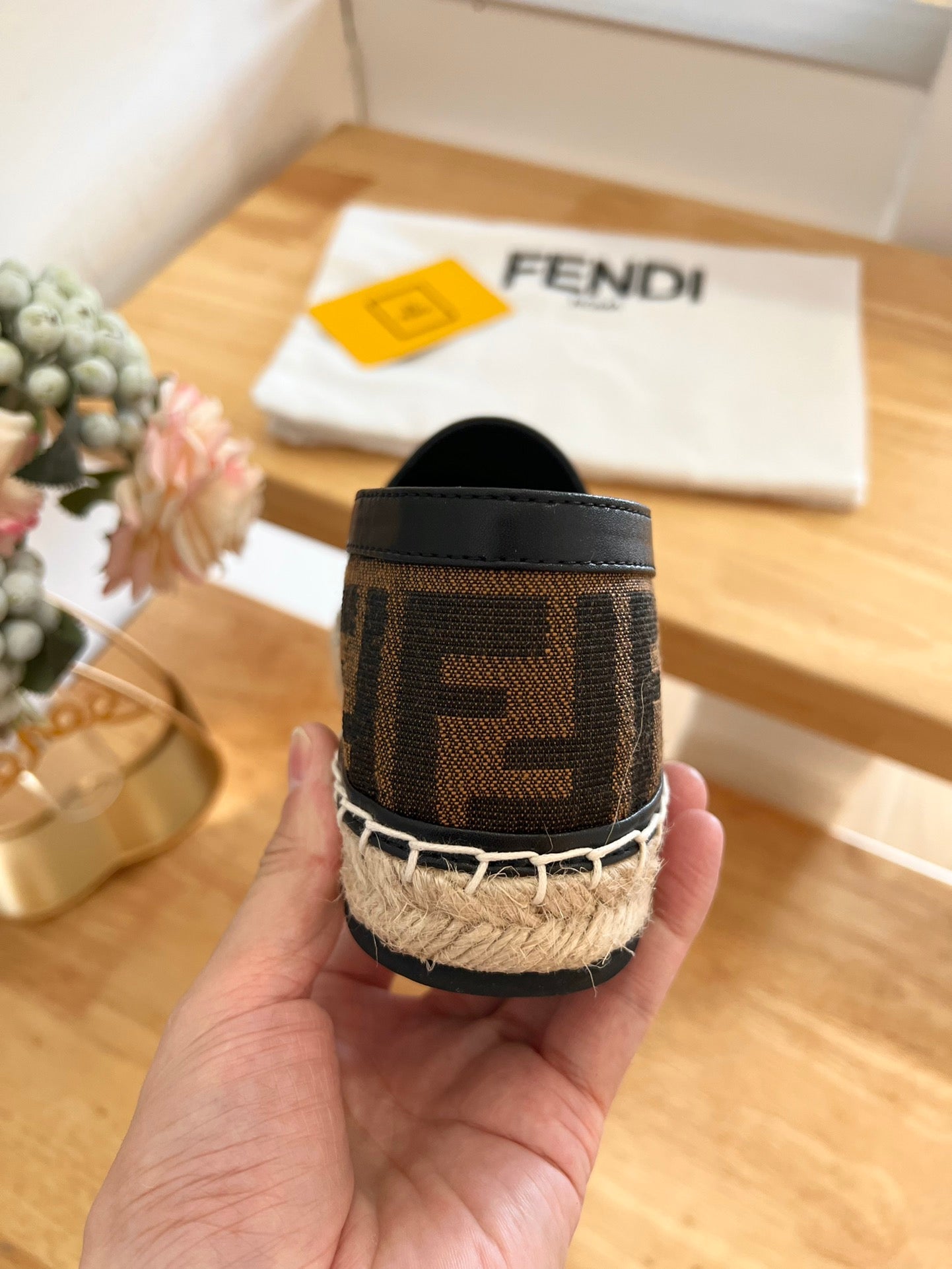 FENDI 26S ESPADRILLE LOAFERS IN DARK BROWN AND BLACK CANVAS STYLE 1