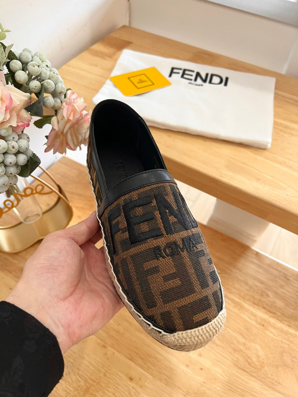 FENDI 26S ESPADRILLE LOAFERS IN DARK BROWN AND BLACK CANVAS STYLE 1