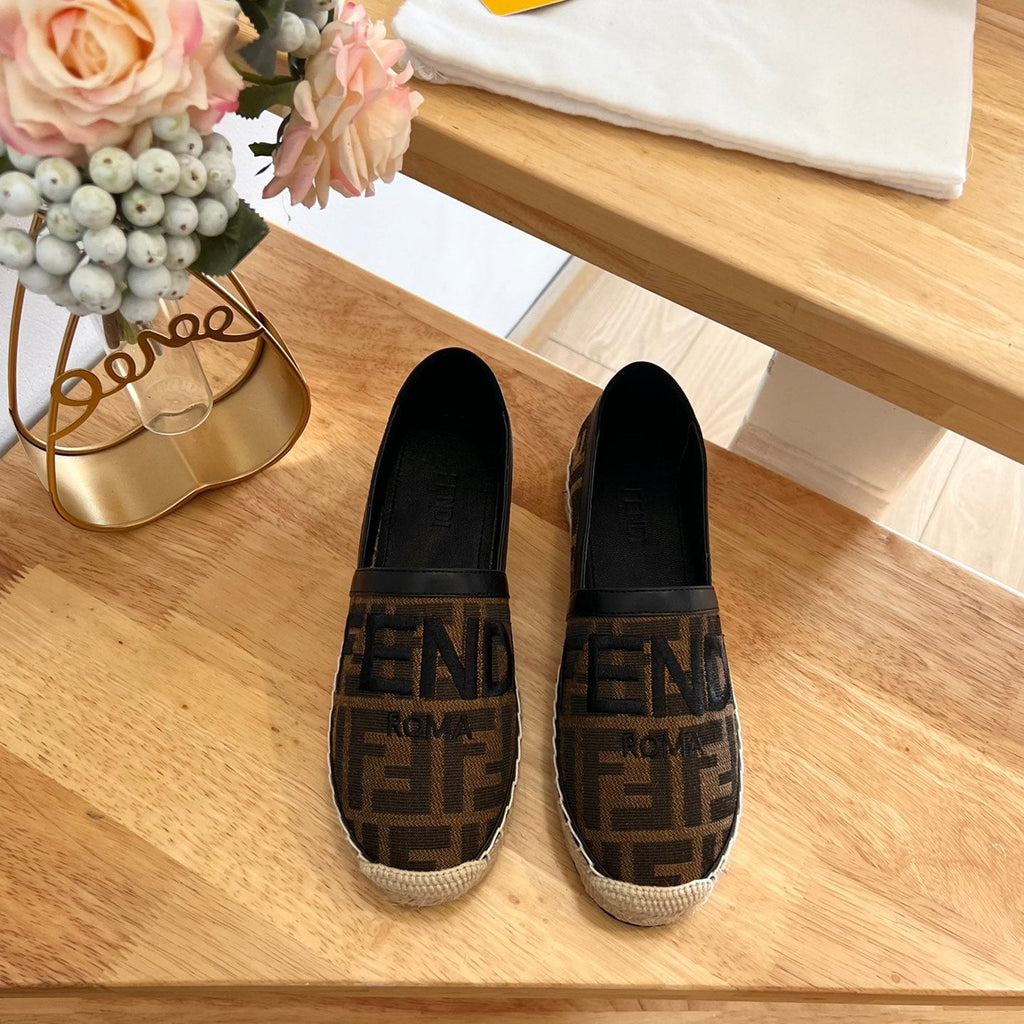 FENDI 26S ESPADRILLE LOAFERS IN DARK BROWN AND BLACK CANVAS STYLE 1