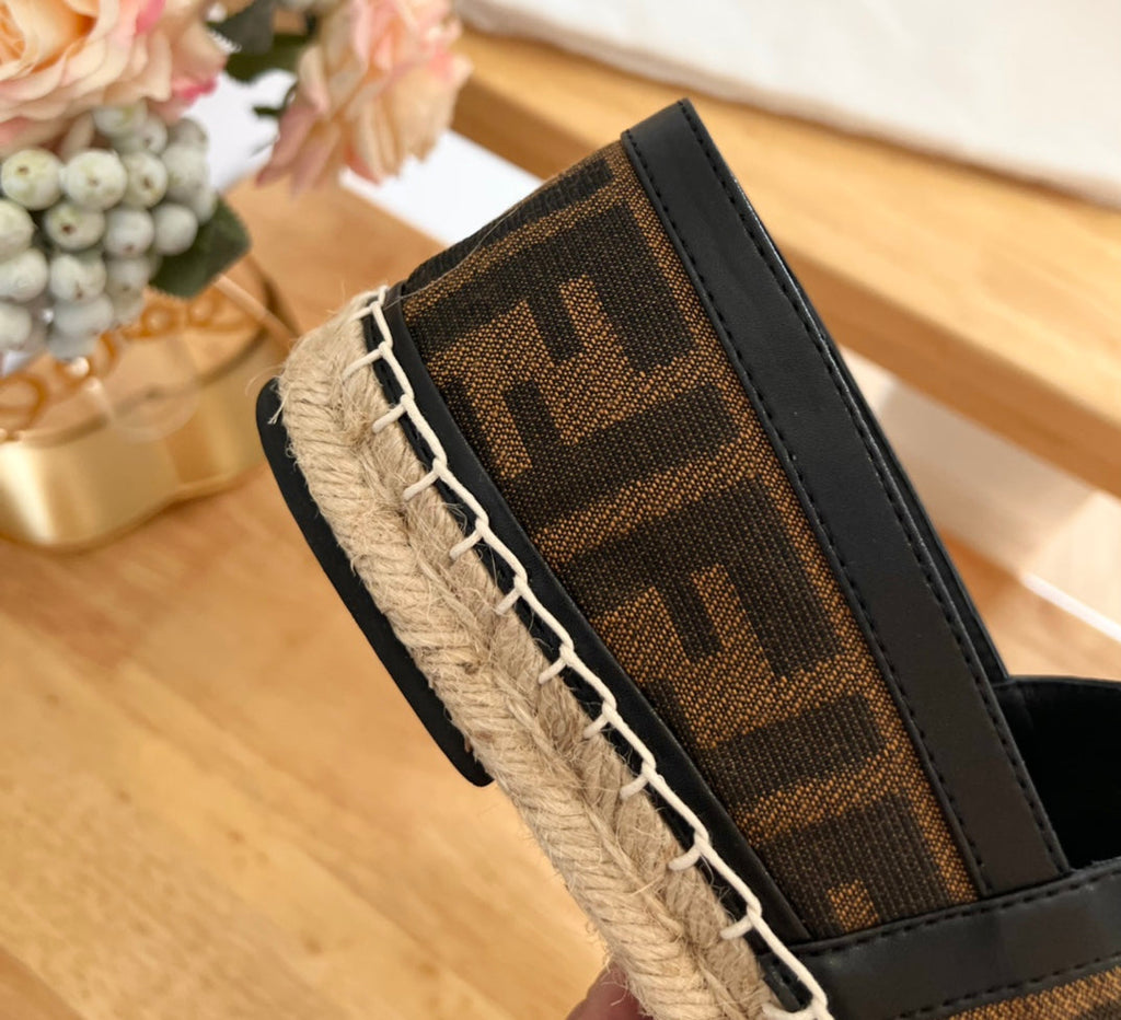 FENDI 26S ESPADRILLE LOAFERS IN DARK BROWN AND BLACK CANVAS STYLE 1