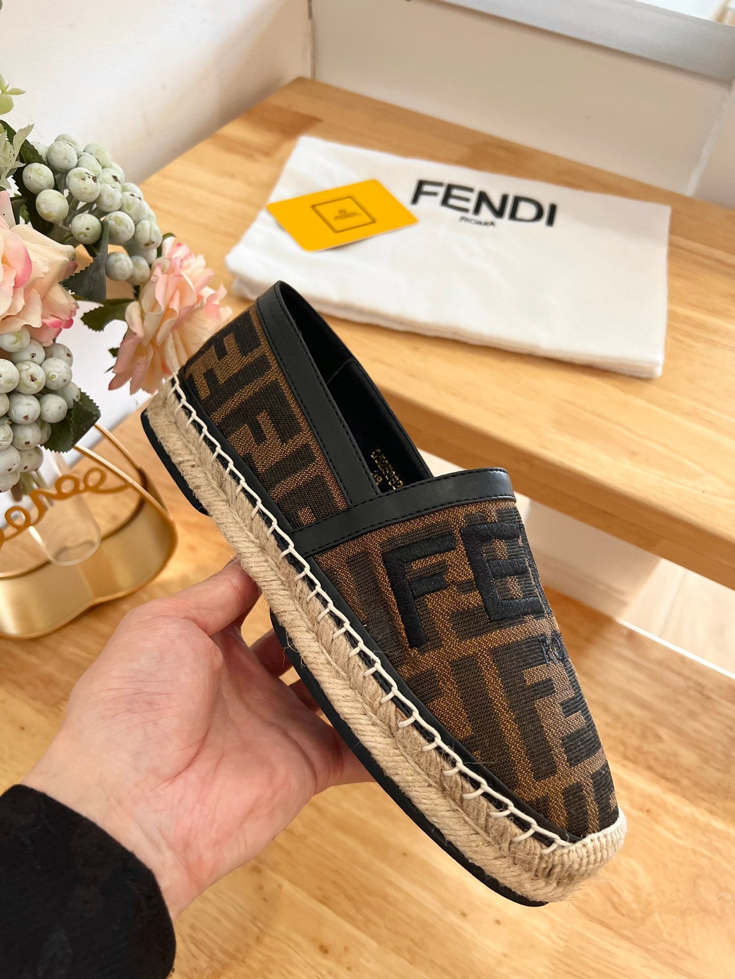 FENDI 26S ESPADRILLE LOAFERS IN DARK BROWN AND BLACK CANVAS STYLE 1