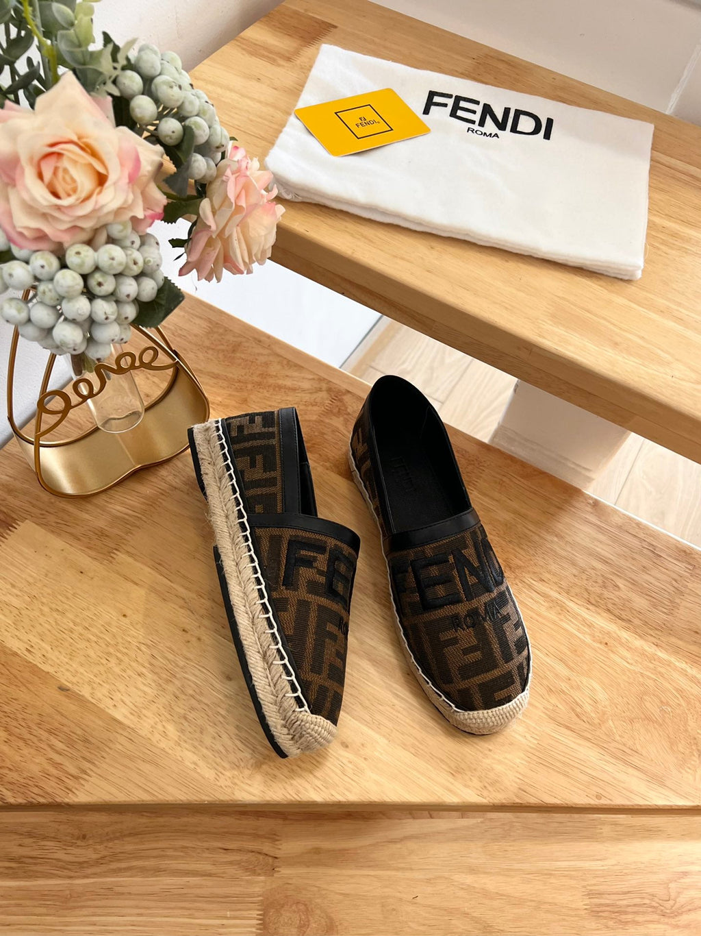 FENDI 26S ESPADRILLE LOAFERS IN DARK BROWN AND BLACK CANVAS STYLE 1