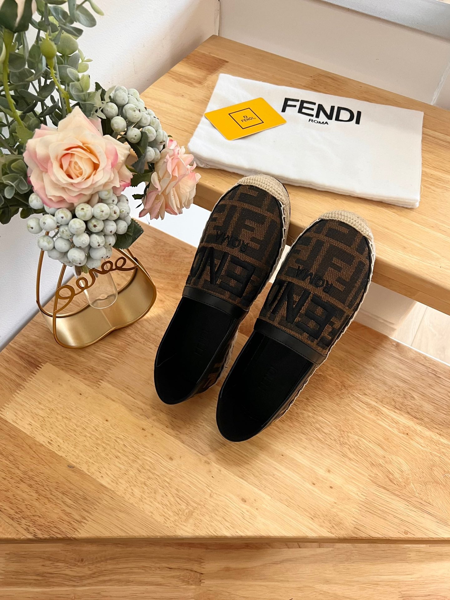 FENDI 26S ESPADRILLE LOAFERS IN DARK BROWN AND BLACK CANVAS STYLE 1