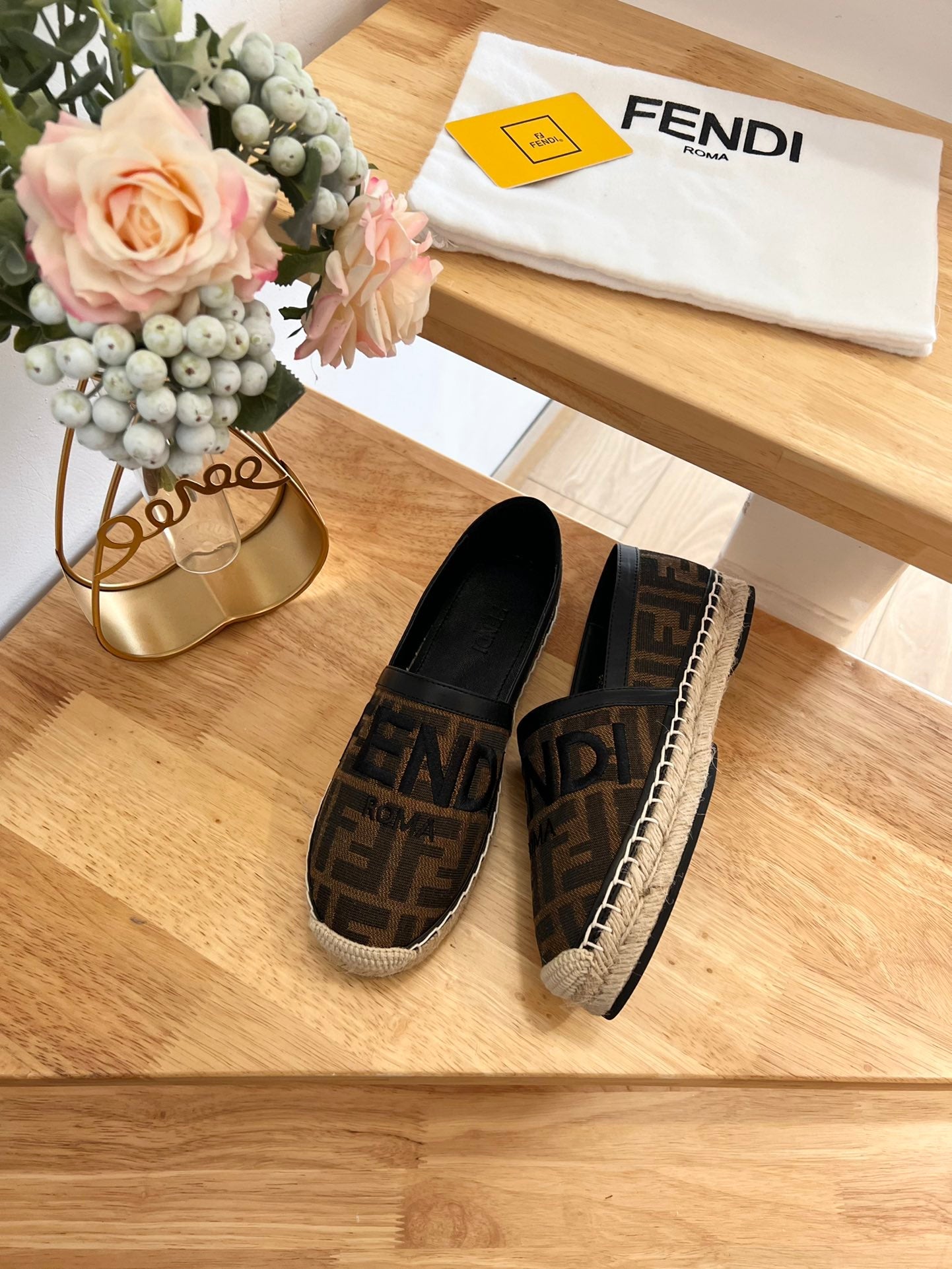 FENDI 26S ESPADRILLE LOAFERS IN DARK BROWN AND BLACK CANVAS STYLE 1