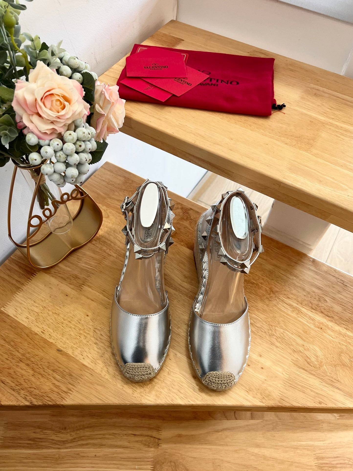 VALENTINO 26S WEDGE SHOES IN SILVER METALLIC CALFSKIN