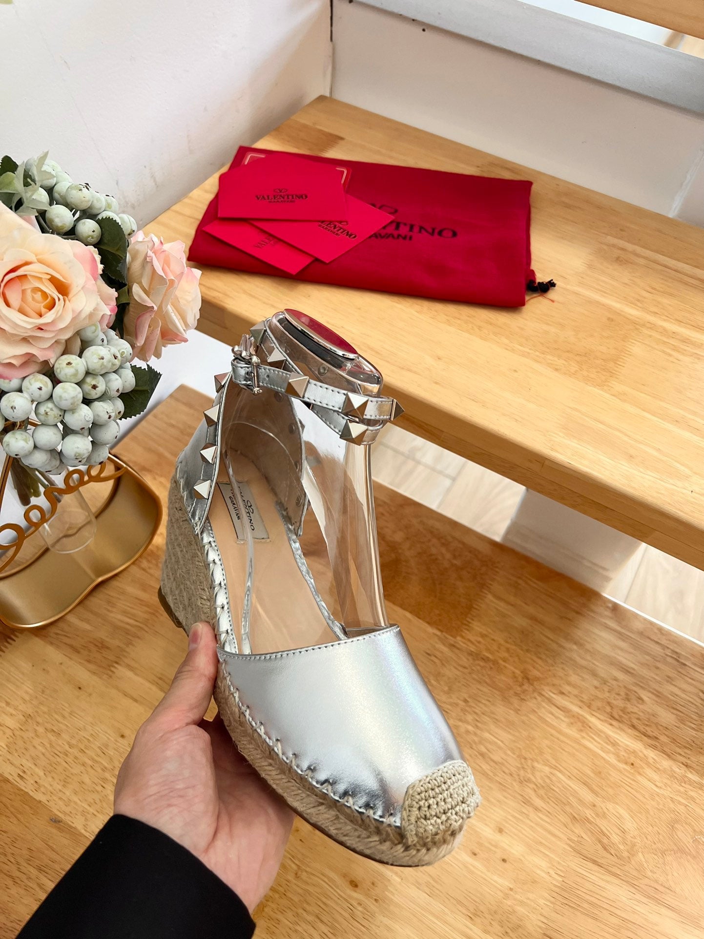 VALENTINO 26S WEDGE SHOES IN SILVER METALLIC CALFSKIN
