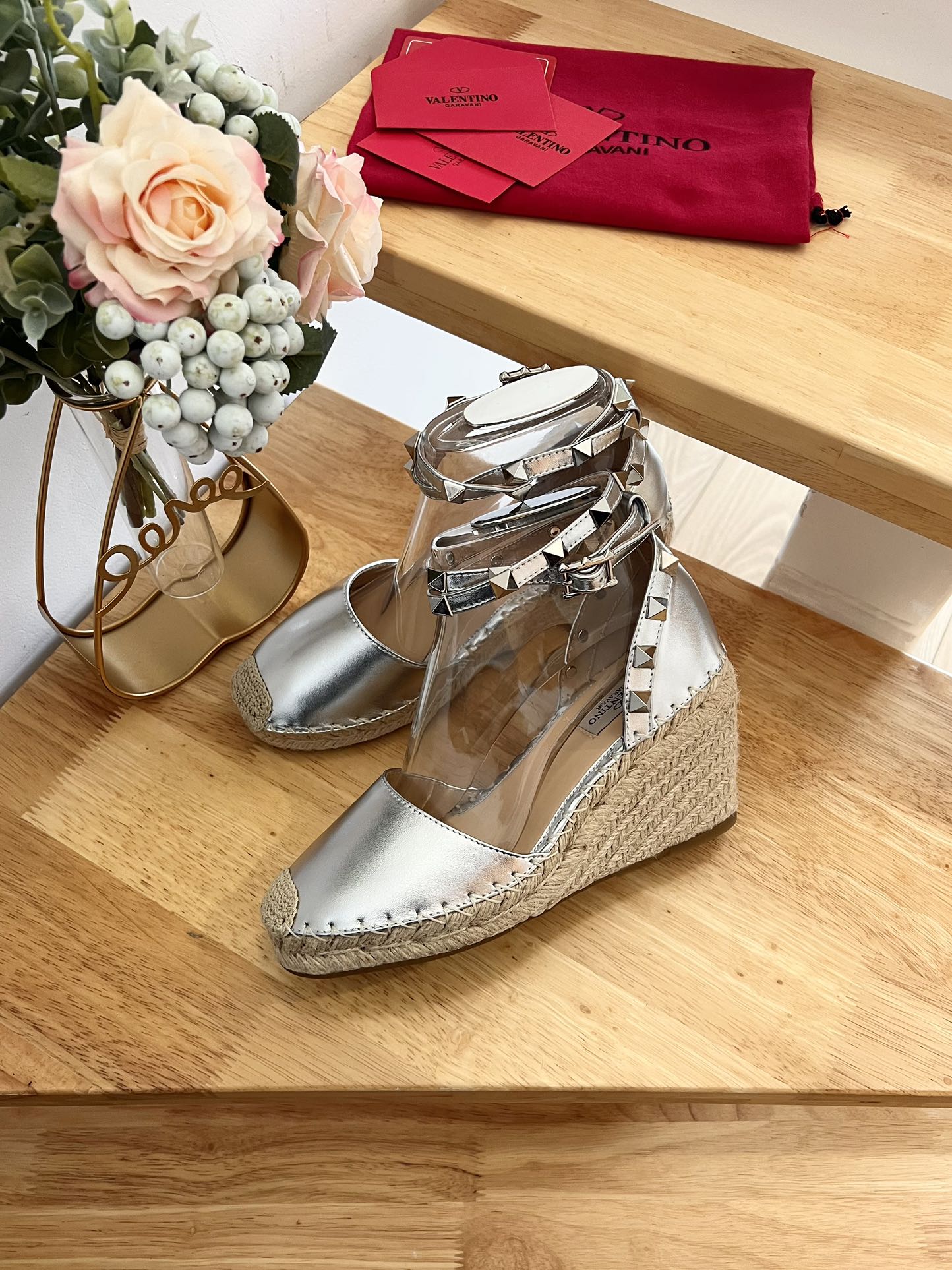 VALENTINO 26S WEDGE SHOES IN SILVER METALLIC CALFSKIN