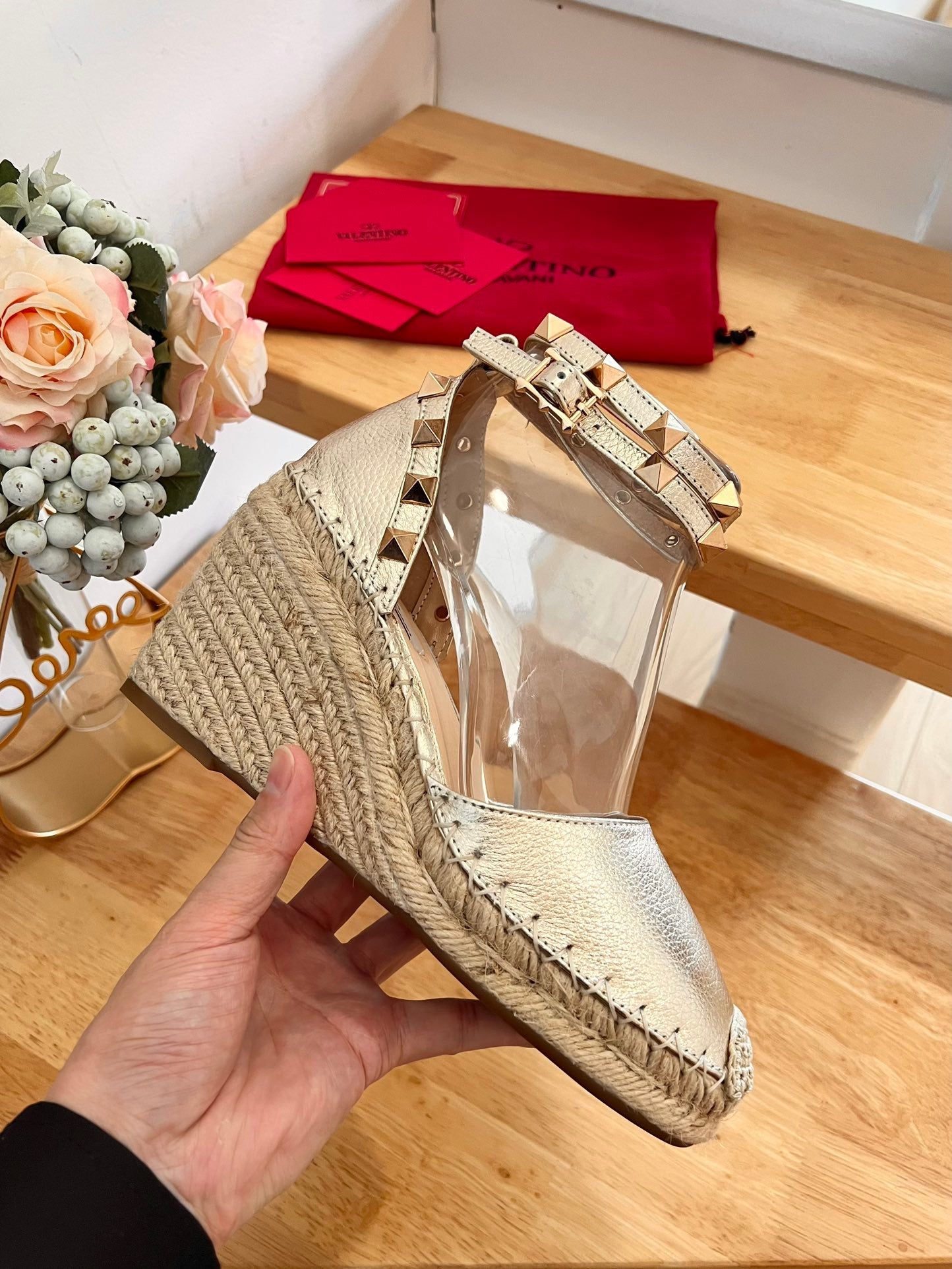 VALENTINO 26S WEDGE SHOES IN PALE GOLD CALFSKIN