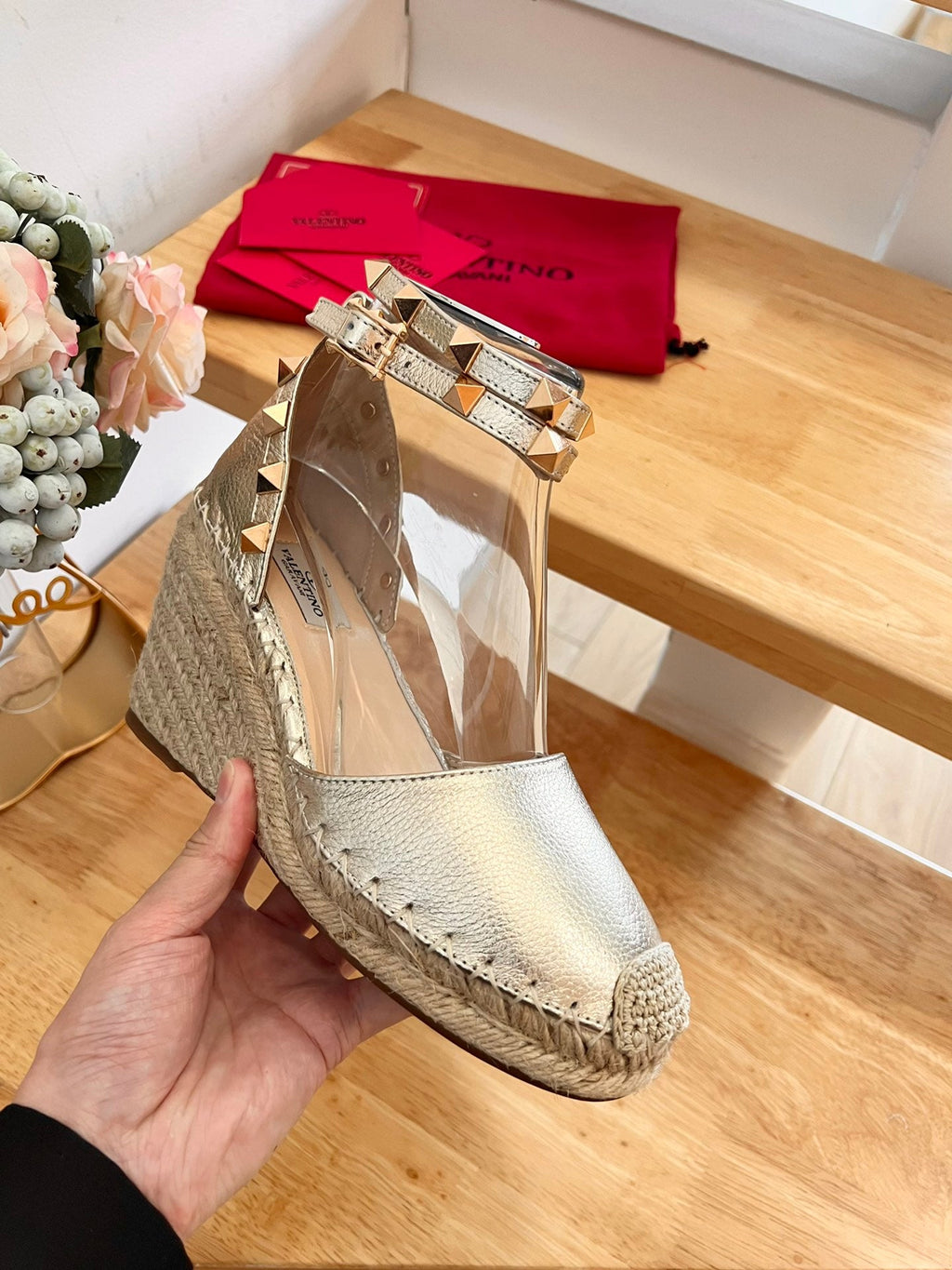 VALENTINO 26S WEDGE SHOES IN PALE GOLD CALFSKIN