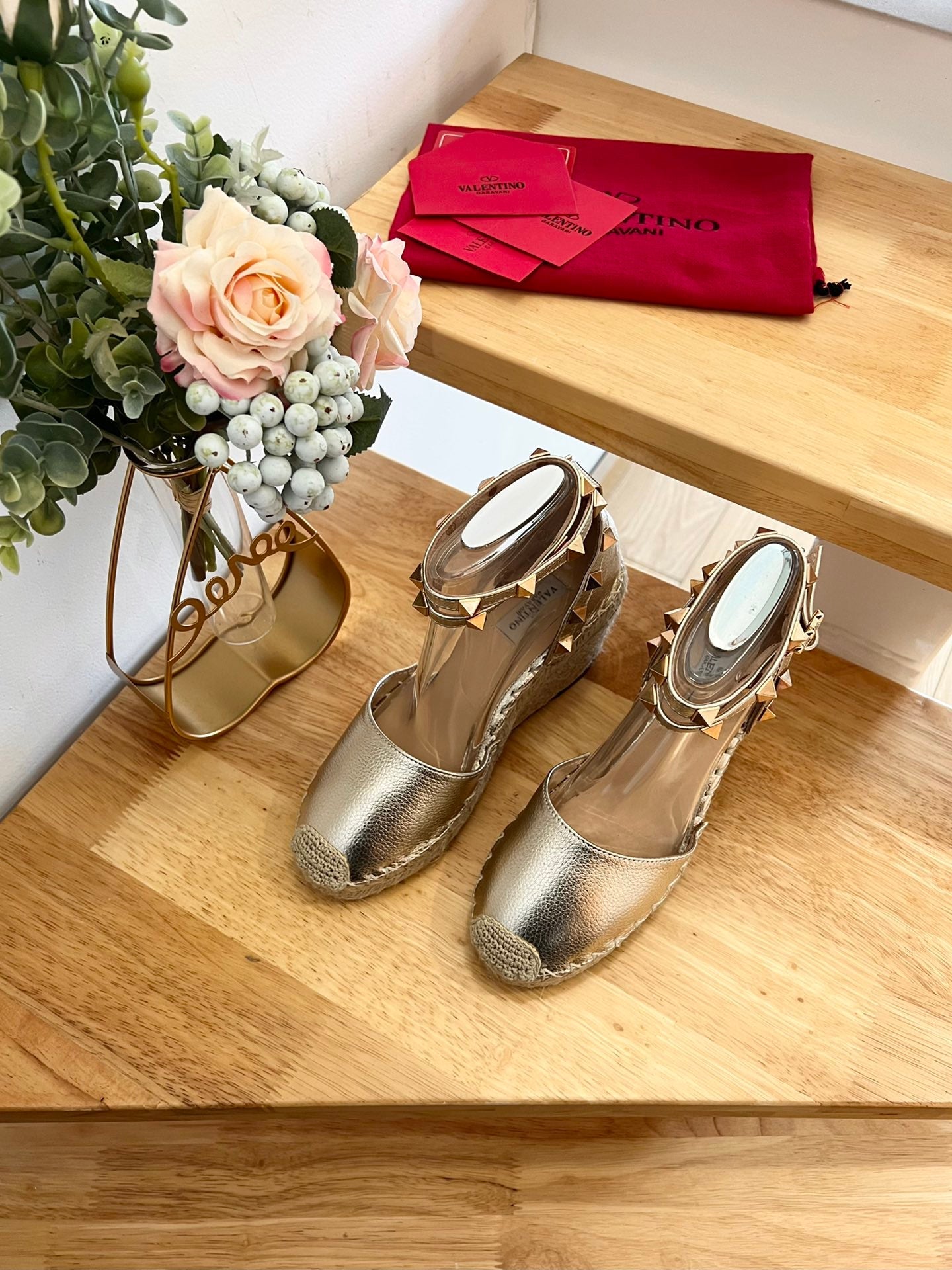 VALENTINO 26S WEDGE SHOES IN PALE GOLD CALFSKIN