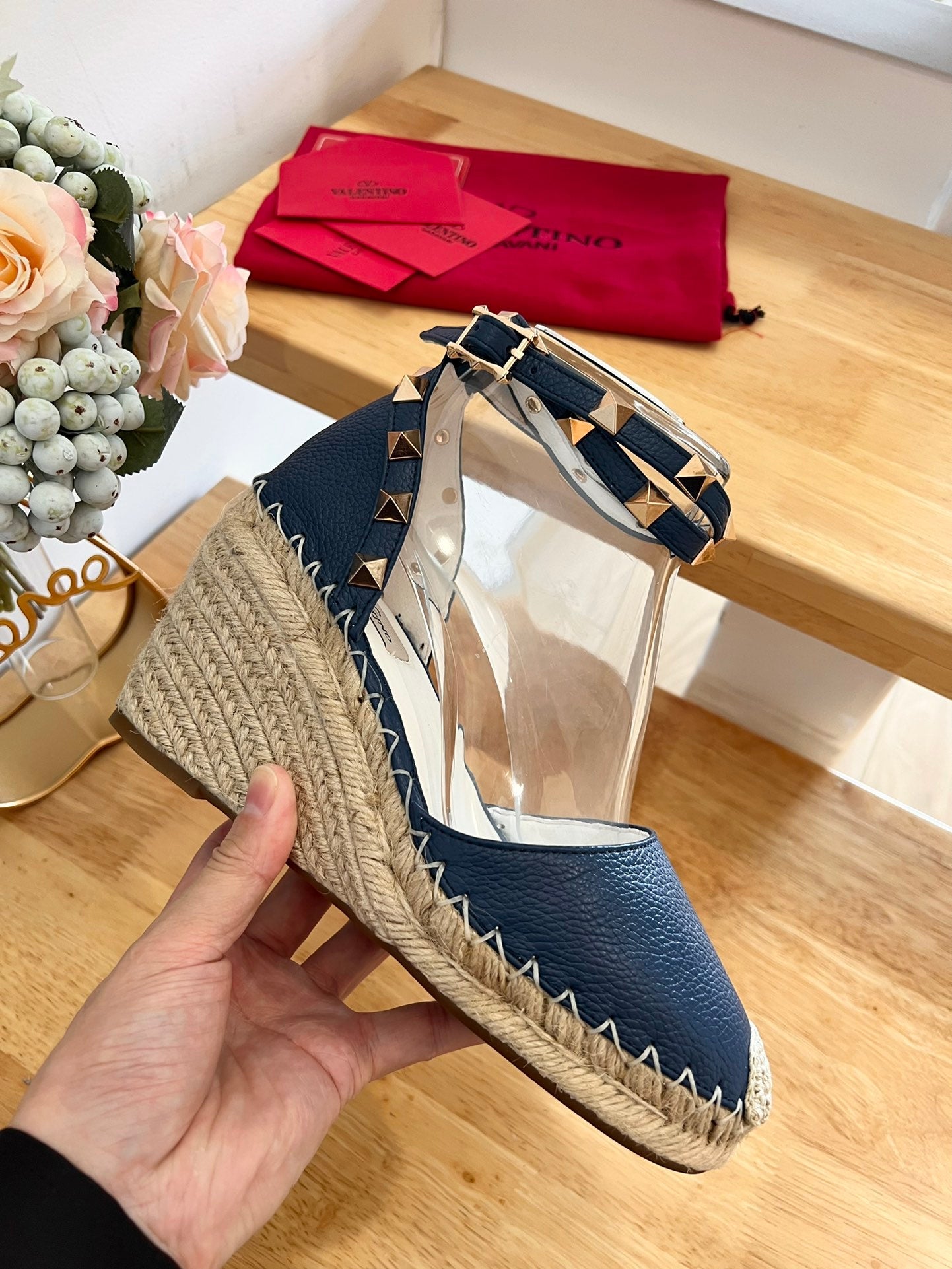 VALENTINO 26S WEDGE SHOES IN DARK BLUE CALFSKIN