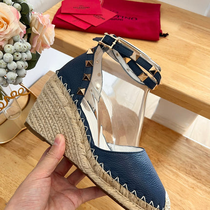 VALENTINO 26S WEDGE SHOES IN DARK BLUE CALFSKIN