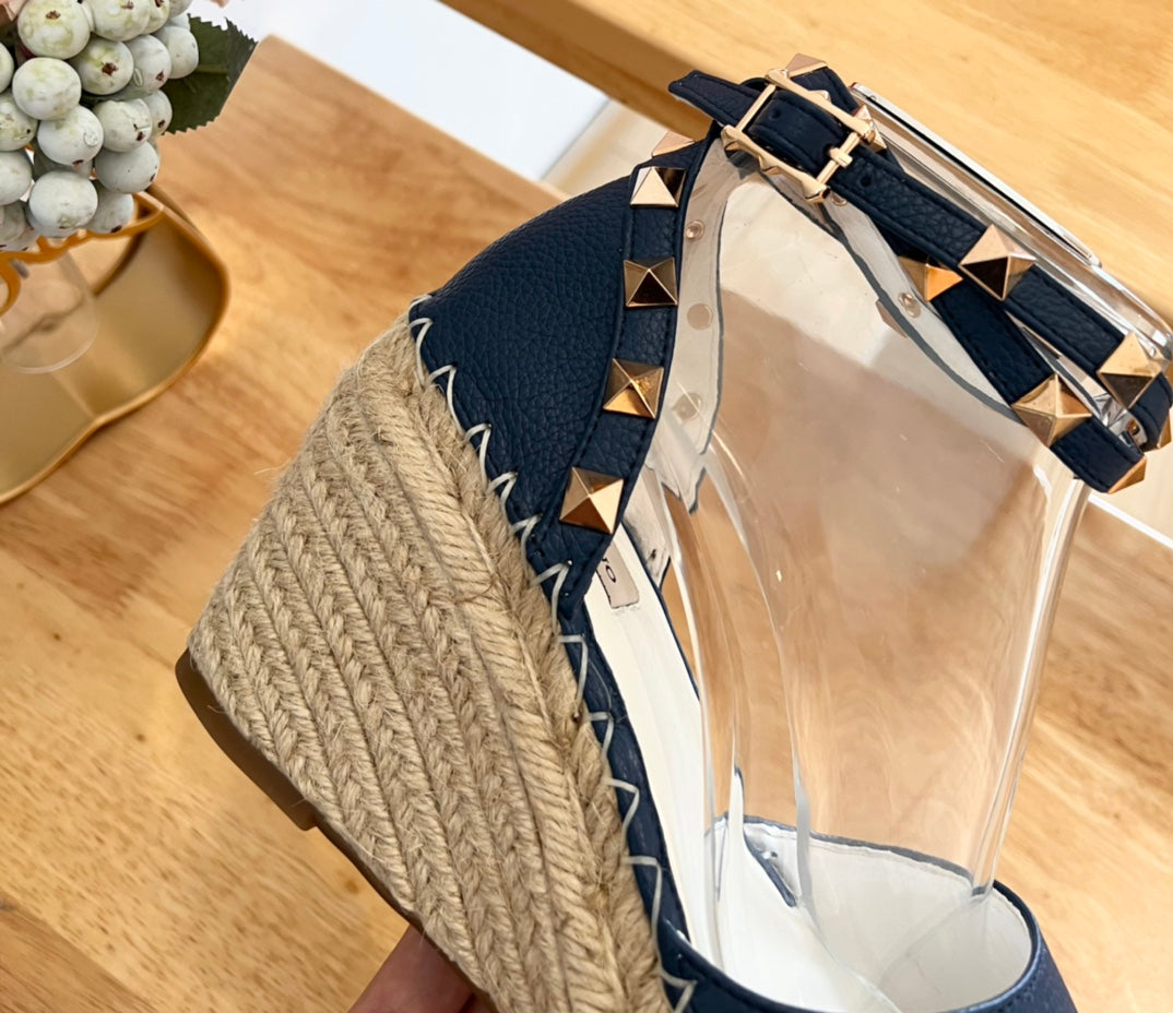 VALENTINO 26S WEDGE SHOES IN DARK BLUE CALFSKIN