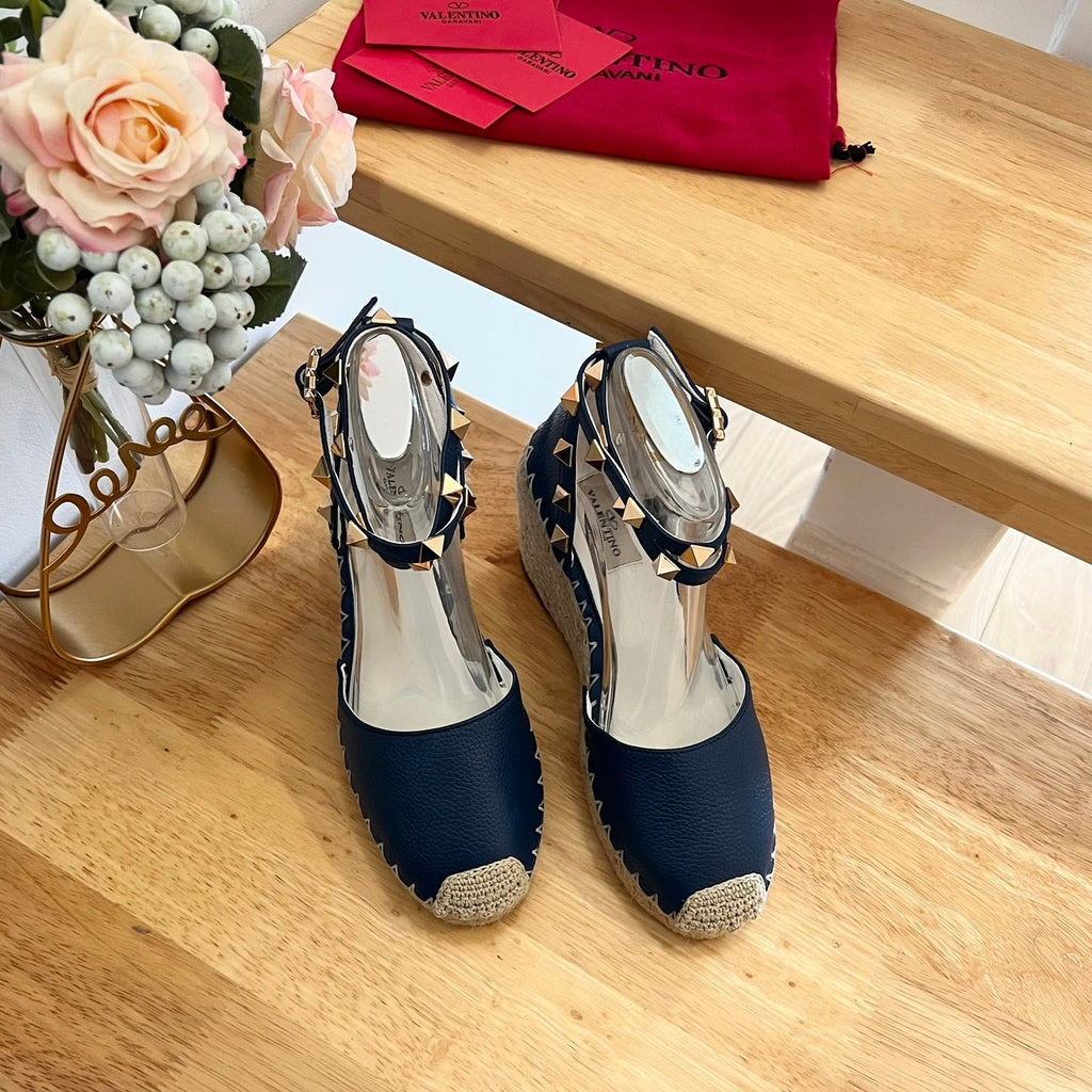 VALENTINO 26S WEDGE SHOES IN DARK BLUE CALFSKIN