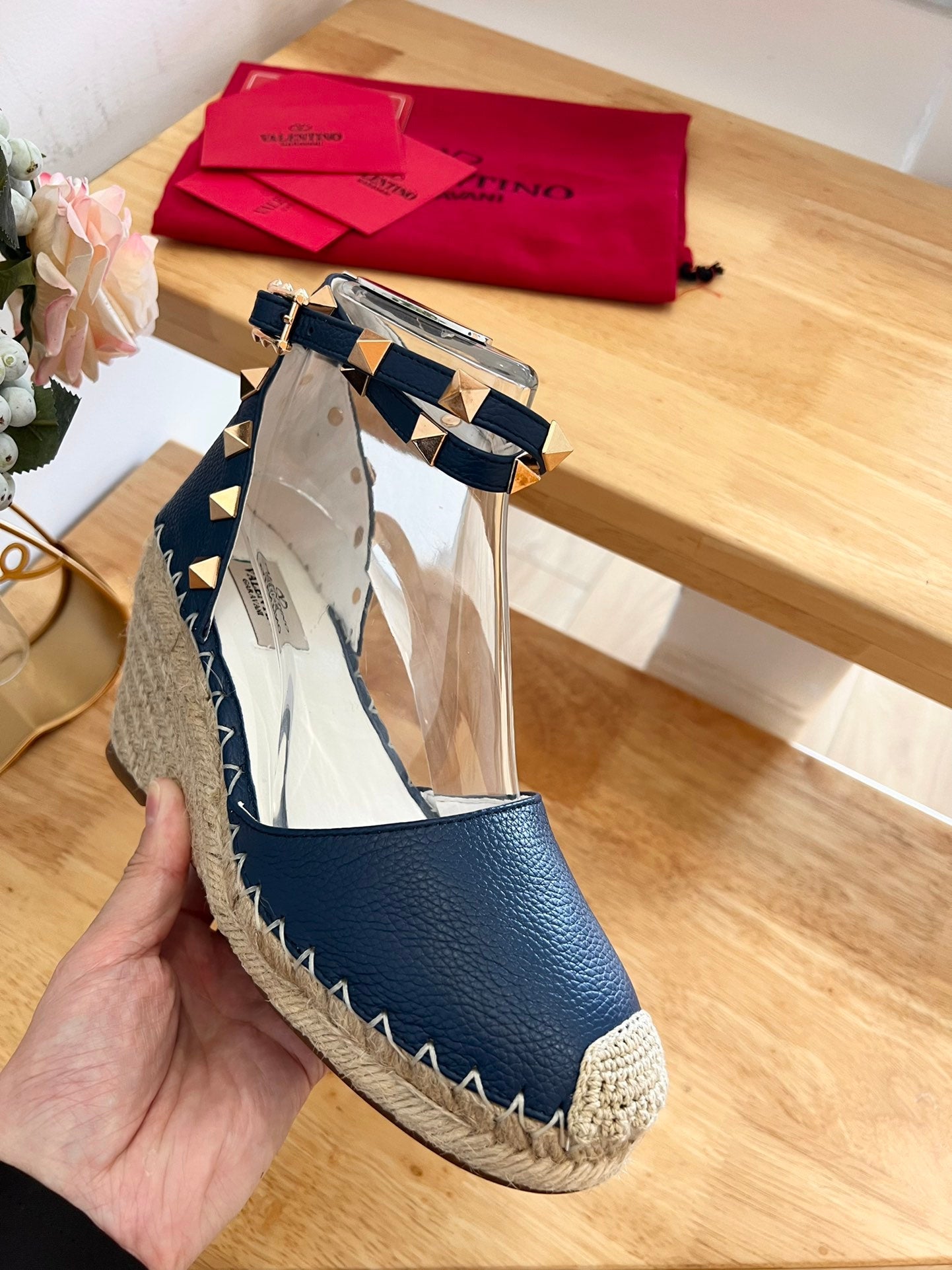 VALENTINO 26S WEDGE SHOES IN DARK BLUE CALFSKIN