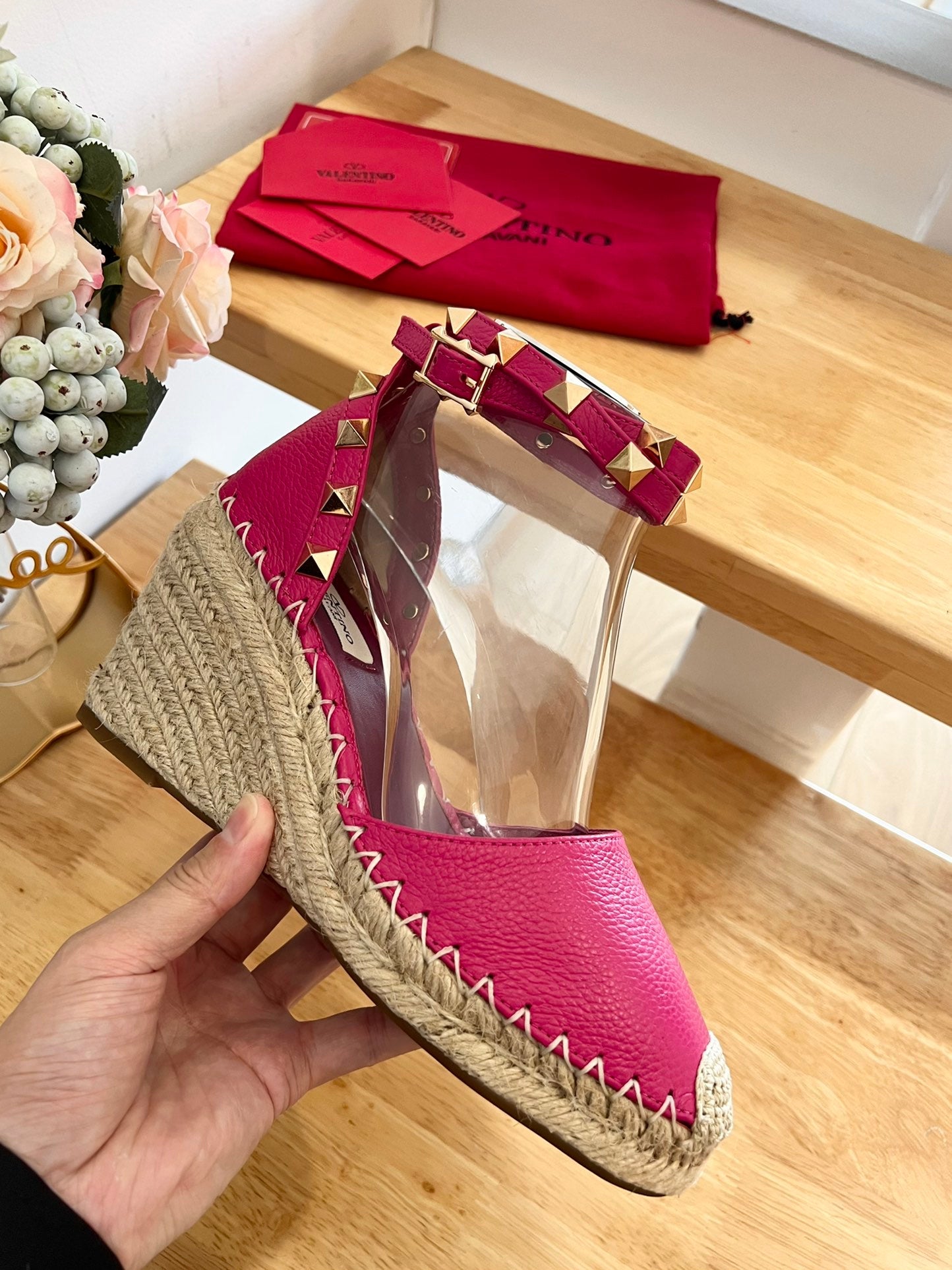 VALENTINO 26S WEDGE SHOES IN DARK PINK CALFSKIN