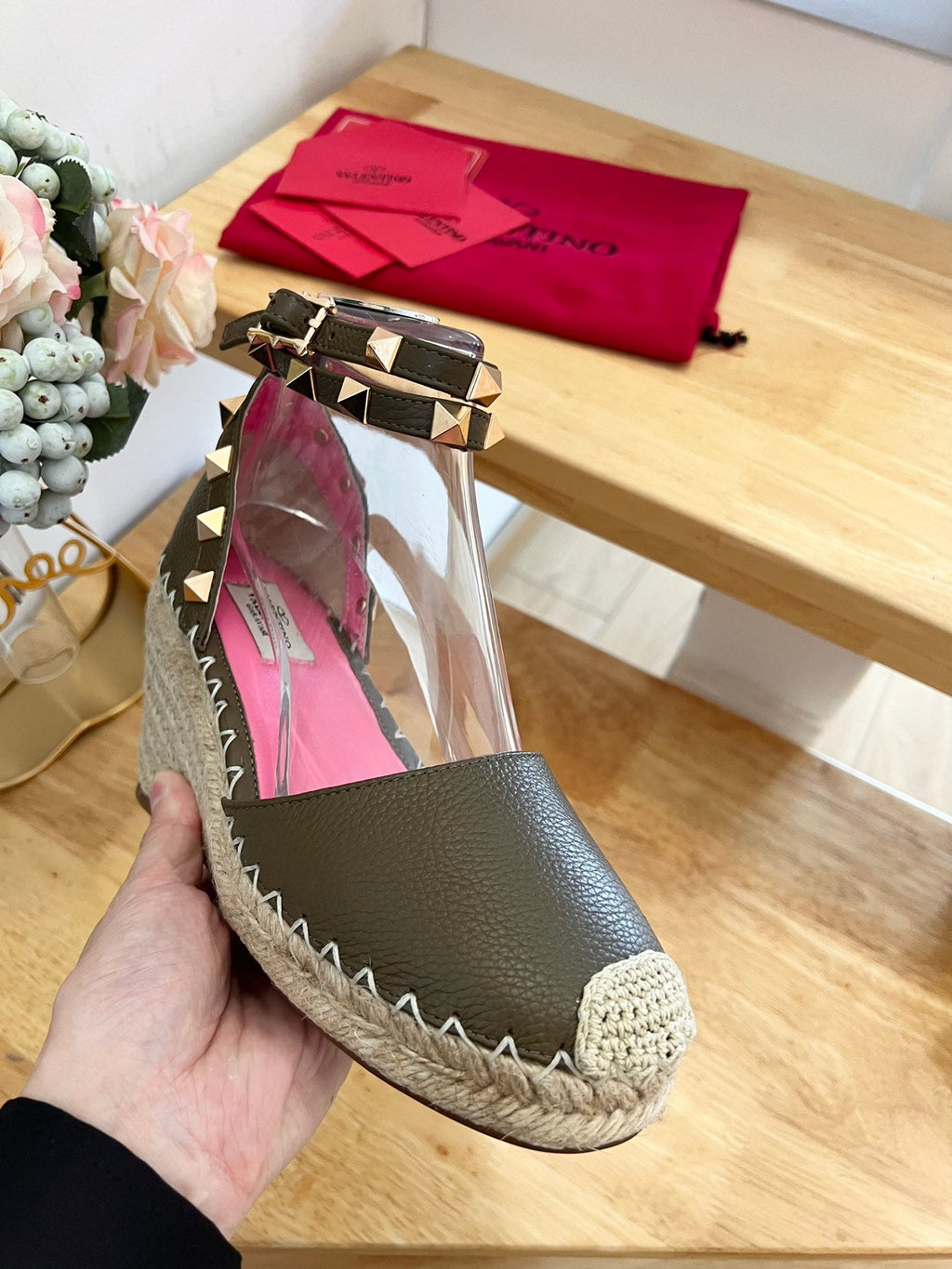 VALENTINO 26S WEDGE SHOES IN OLIVE GREEN CALFSKIN