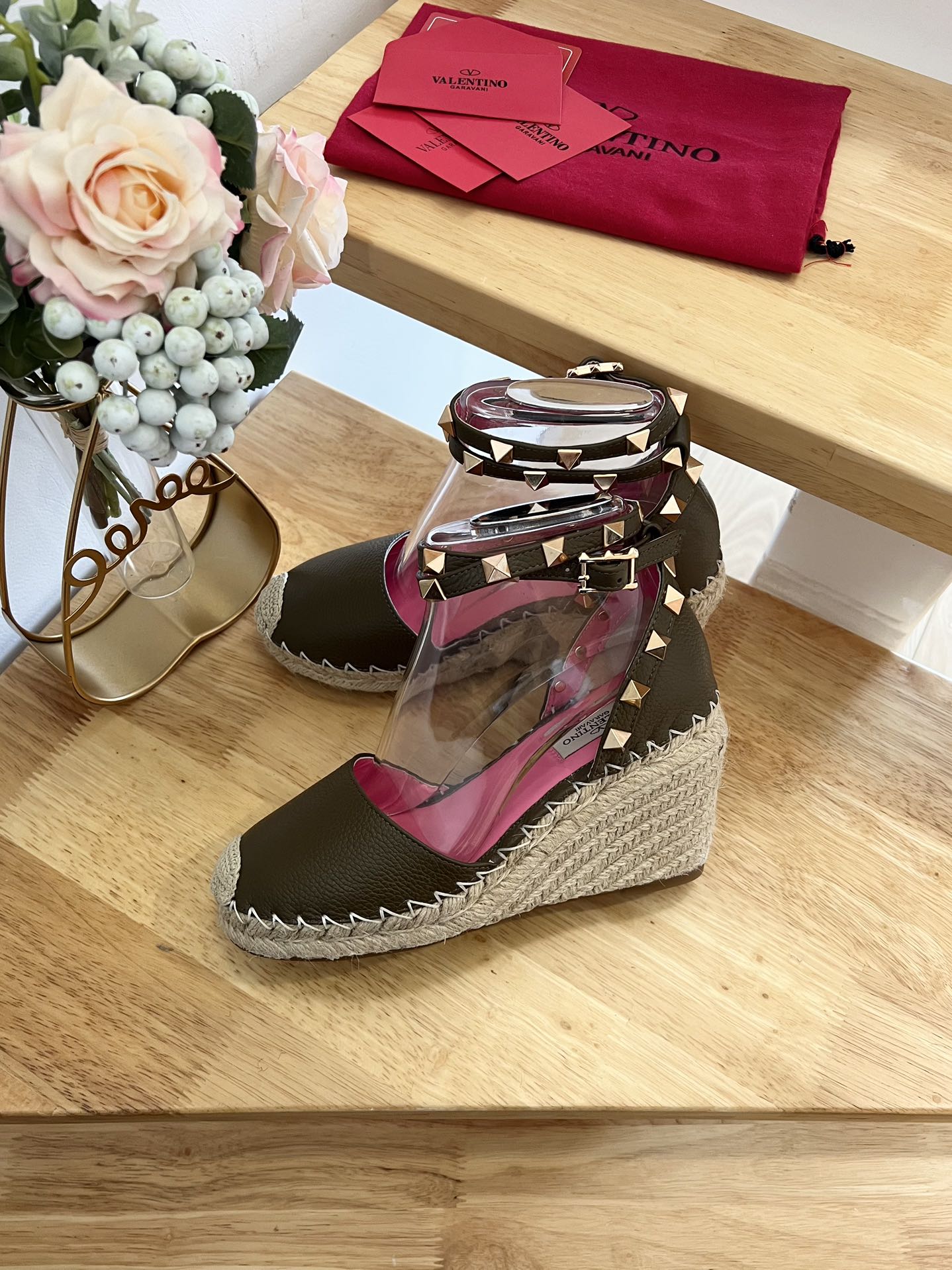 VALENTINO 26S WEDGE SHOES IN OLIVE GREEN CALFSKIN