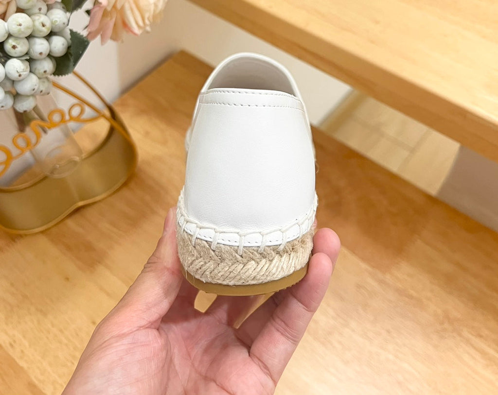 PRADA 26S LOGO ESPADRILLE SLIP ON FLATS IN WHITE CALFSKIN