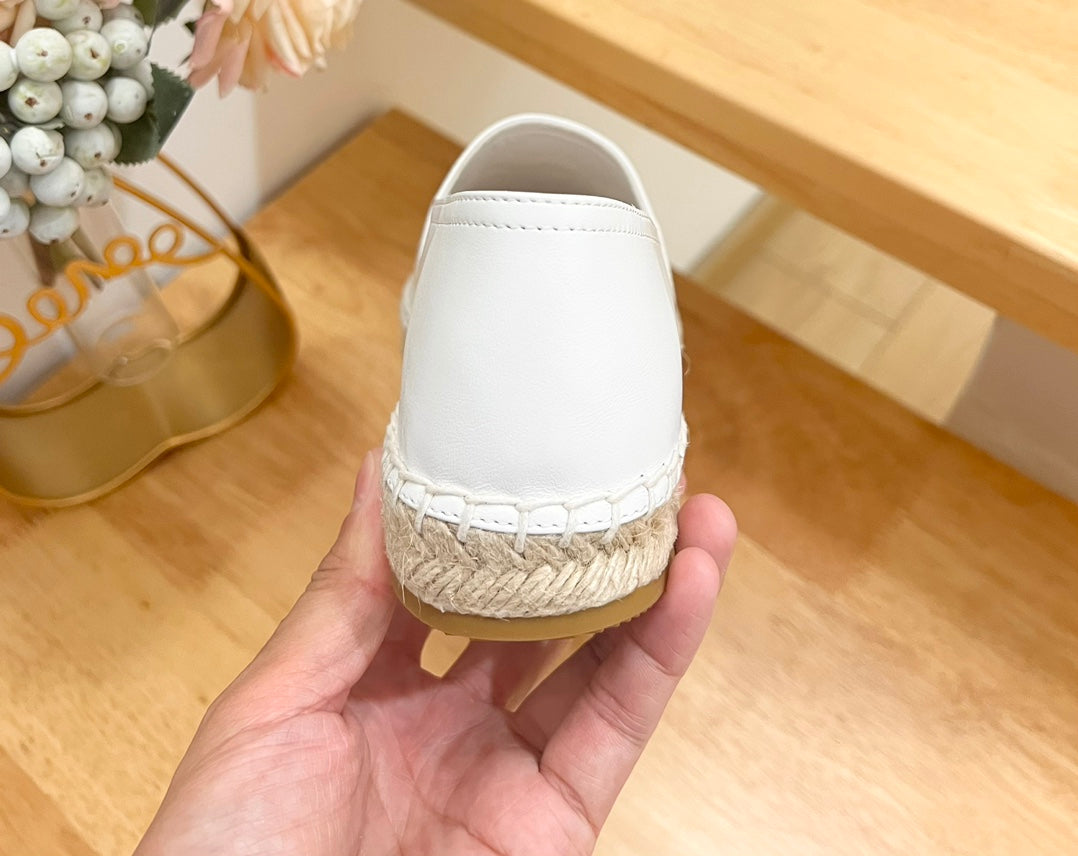PRADA 26S LOGO ESPADRILLE SLIP ON FLATS IN WHITE CALFSKIN