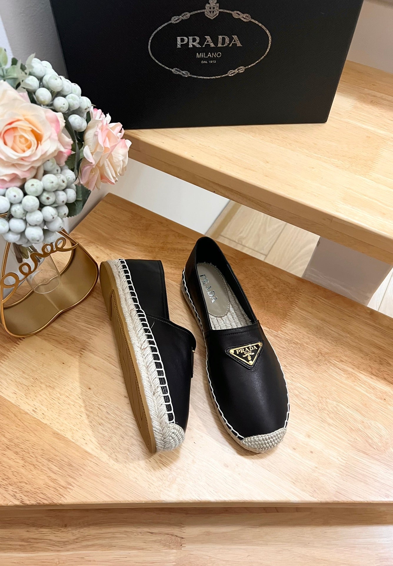 PRADA 26S LOGO ESPADRILLE SLIP ON FLATS IN BLACK CALFSKIN