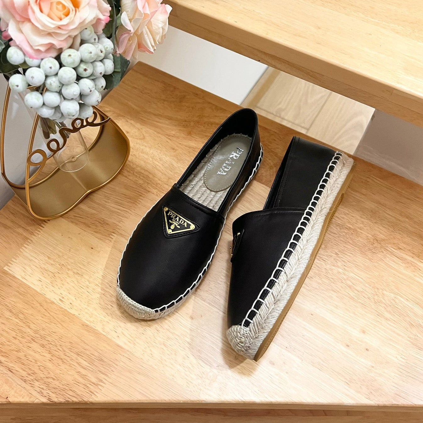 PRADA 26S LOGO ESPADRILLE SLIP ON FLATS IN BLACK CALFSKIN