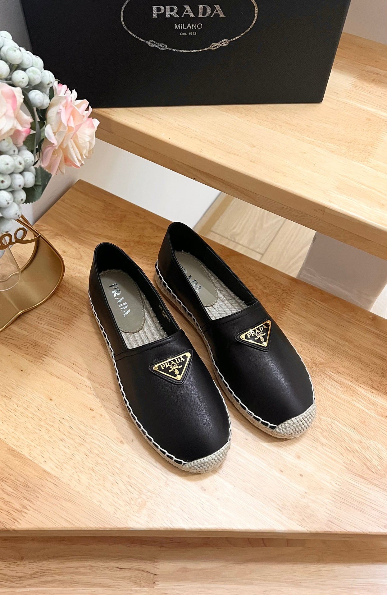 PRADA 26S LOGO ESPADRILLE SLIP ON FLATS IN BLACK CALFSKIN
